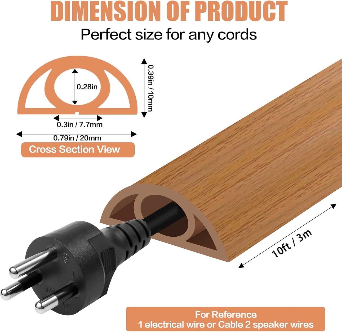 Floor Cord Cover Self Adhesive Cord Hider,10FT Cable Management, Extension Strip Protector for Wires, Prevent Cable Trips for Offices, Gyms, Exhibitions Cavity:0.3"(W) x 0.28"(H) Brown Wood