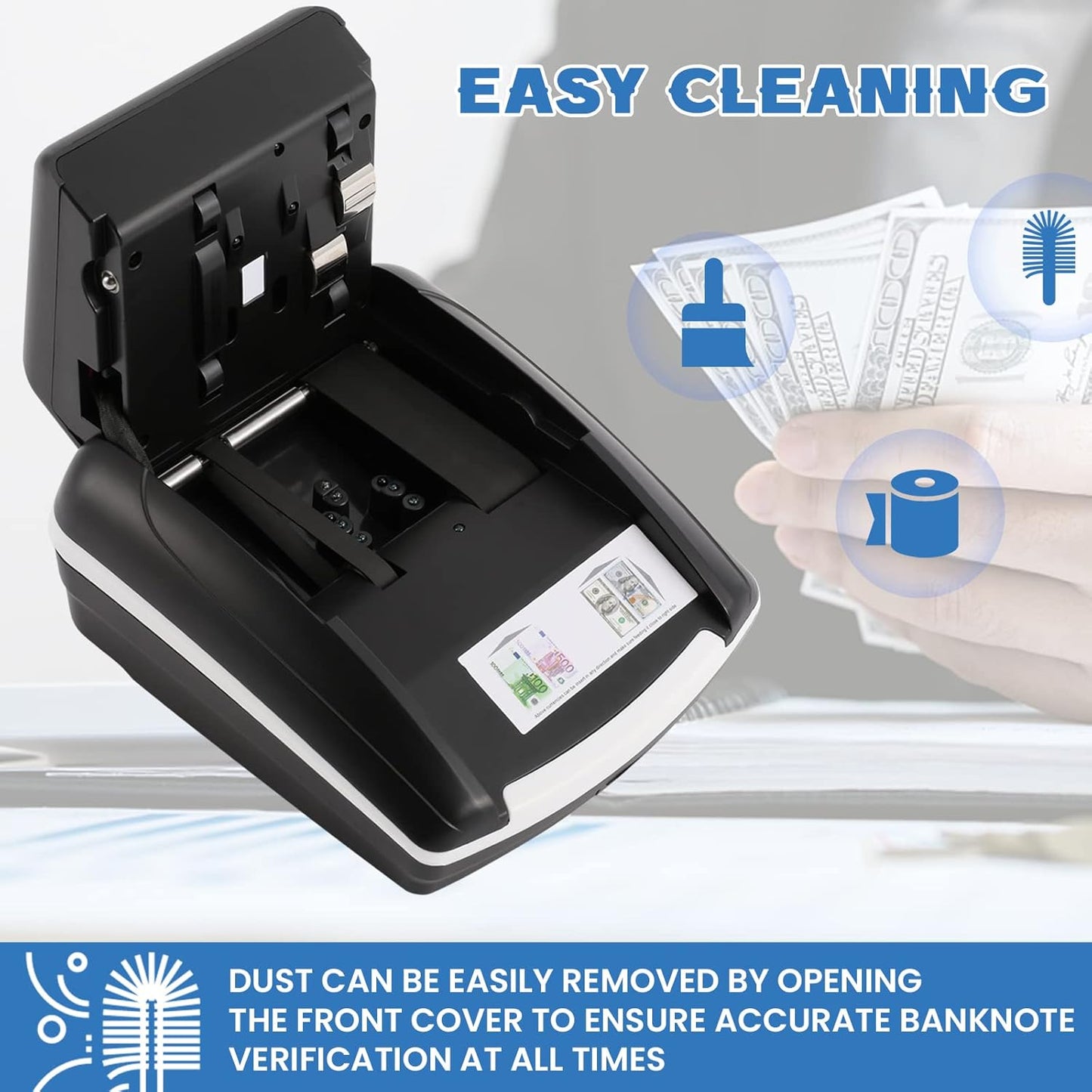 Portable Counterfeit Bill Detector, Rechargeable 4 Way Direction Bill Checker Machine with Visual & Audible Reminding, 1s Accurate Money Detector for Car/Office/Home with Total Value Display
