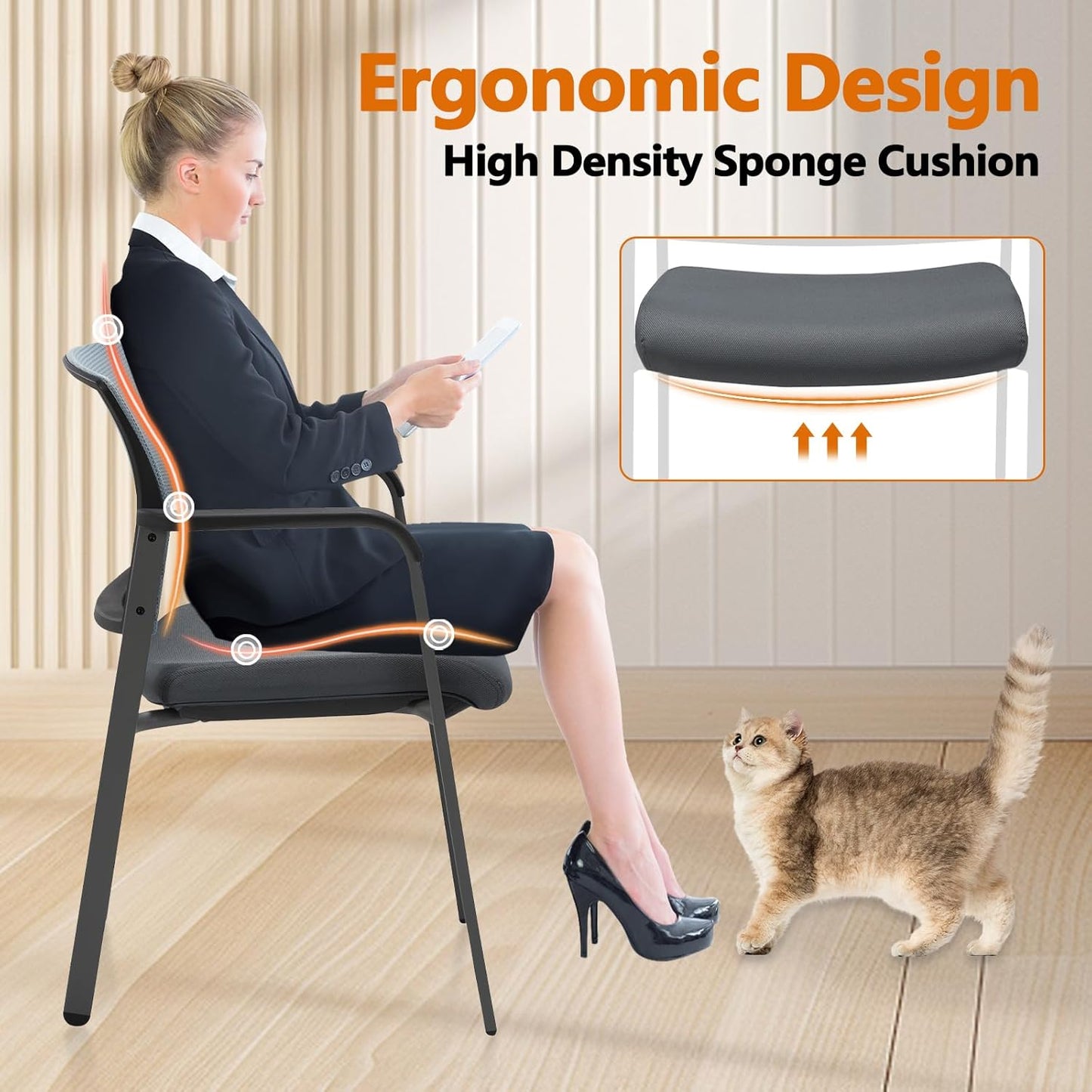 CLATINA Mesh Back Stacking Arm Chairs with Upholstered Fabric Seat and Ergonomic Lumber Support for Office School Church Guest Reception Grey