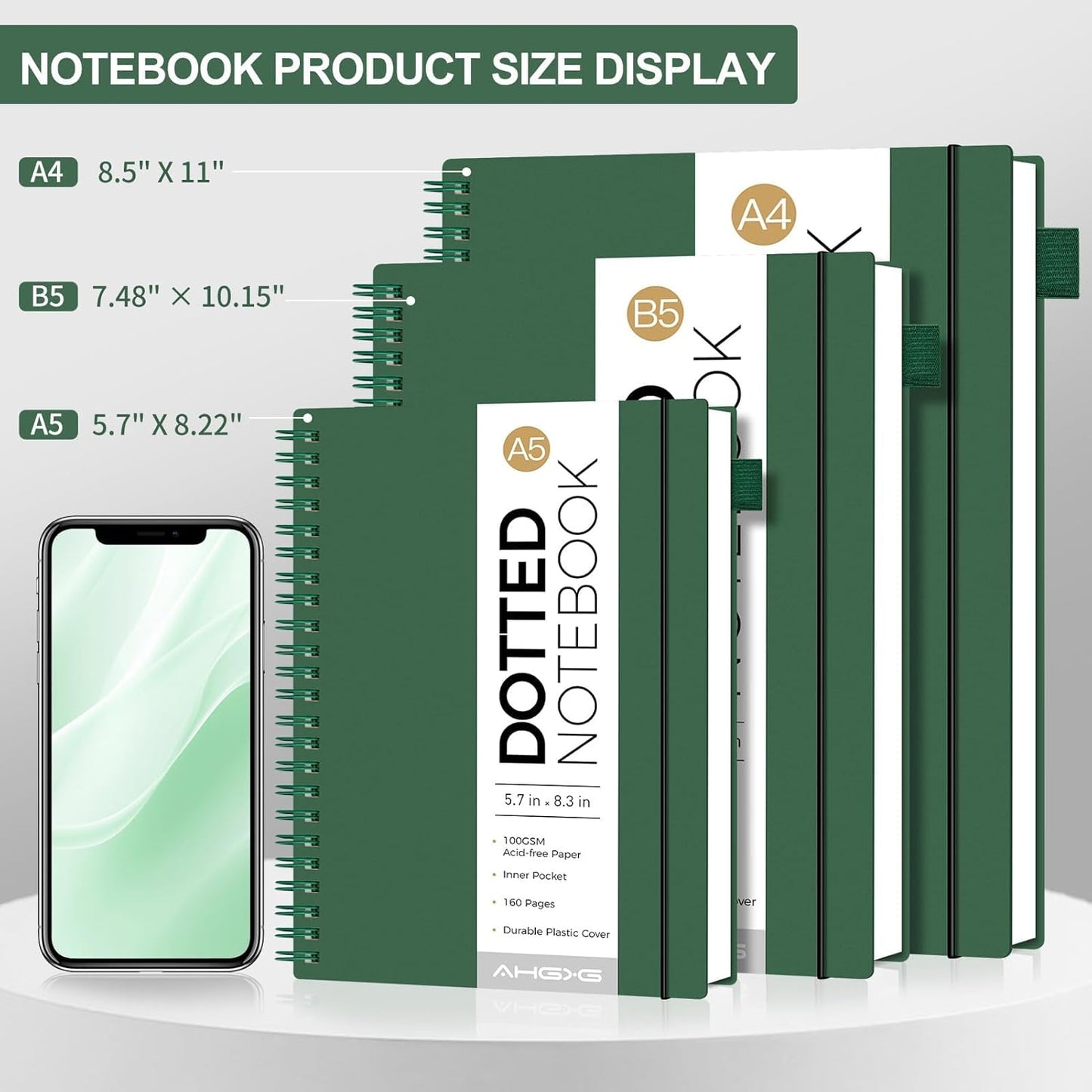 AHGXG Bullet Dotted Journal - Dot Grid Spiral Notebook A5, 160 Pages, 100 GSM Thick Paper, Waterproof Plastic Cover Journals for Bullet Journaling, Sketching, 5.7" x 8.3", Green