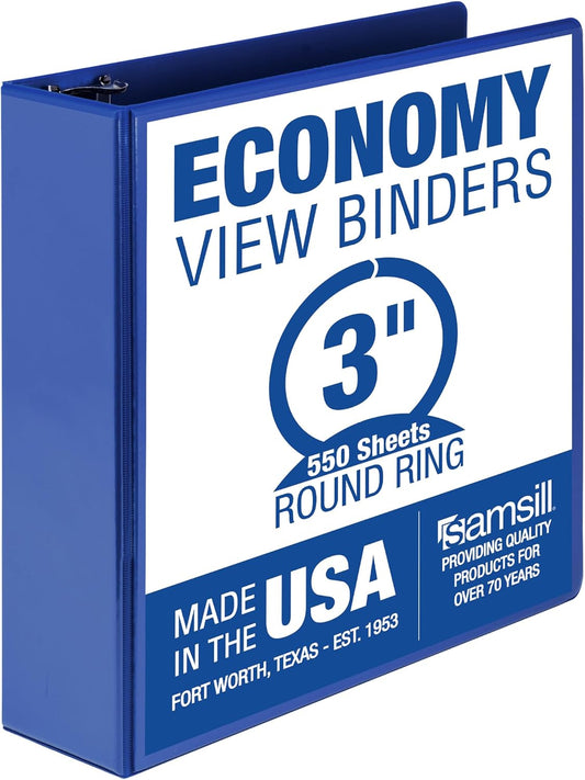 Samsill 3 Inch 3 Ring Binder, Made in USA, Economy Round Ring, Clear View Cover, 550 Sheet Capacity - for School, Home, Office -Dark Blue