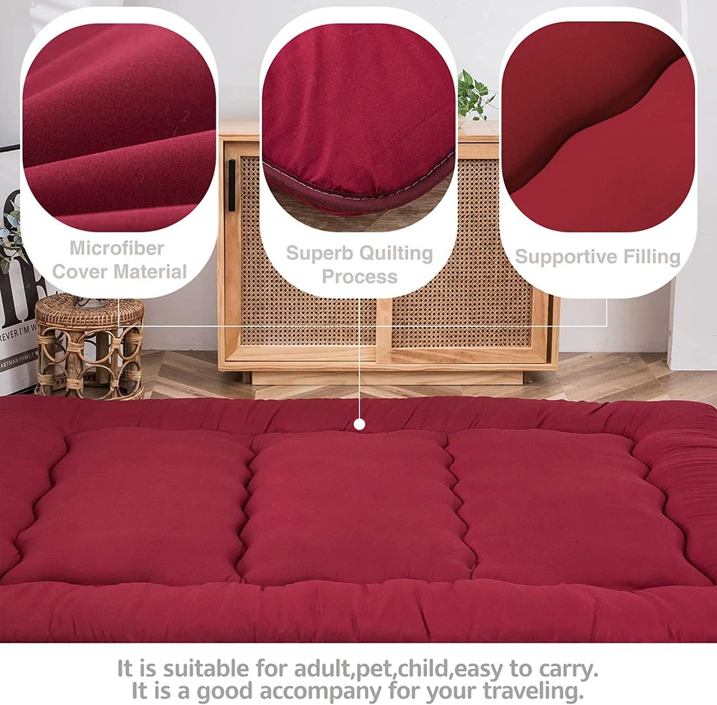 MAXYOYO Japanese Floor Mattress Futon Mattress, Thicken Sleeping Pad Foldable Roll Up Floor Futon for Adults Tatami Mat Dormitory Bed Lounger, Burgundy, Twin