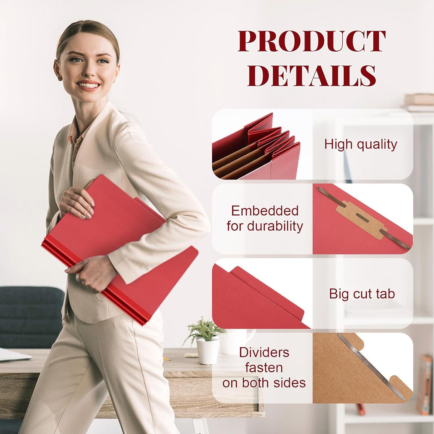 48 Pcs Classification Folders Letter Size, 3 Divider Pressboard File Folder with Fasteners, Expanding File Organizer Bulk for Teachers, Clergy, Office, Church, Christmas Donations (Red)