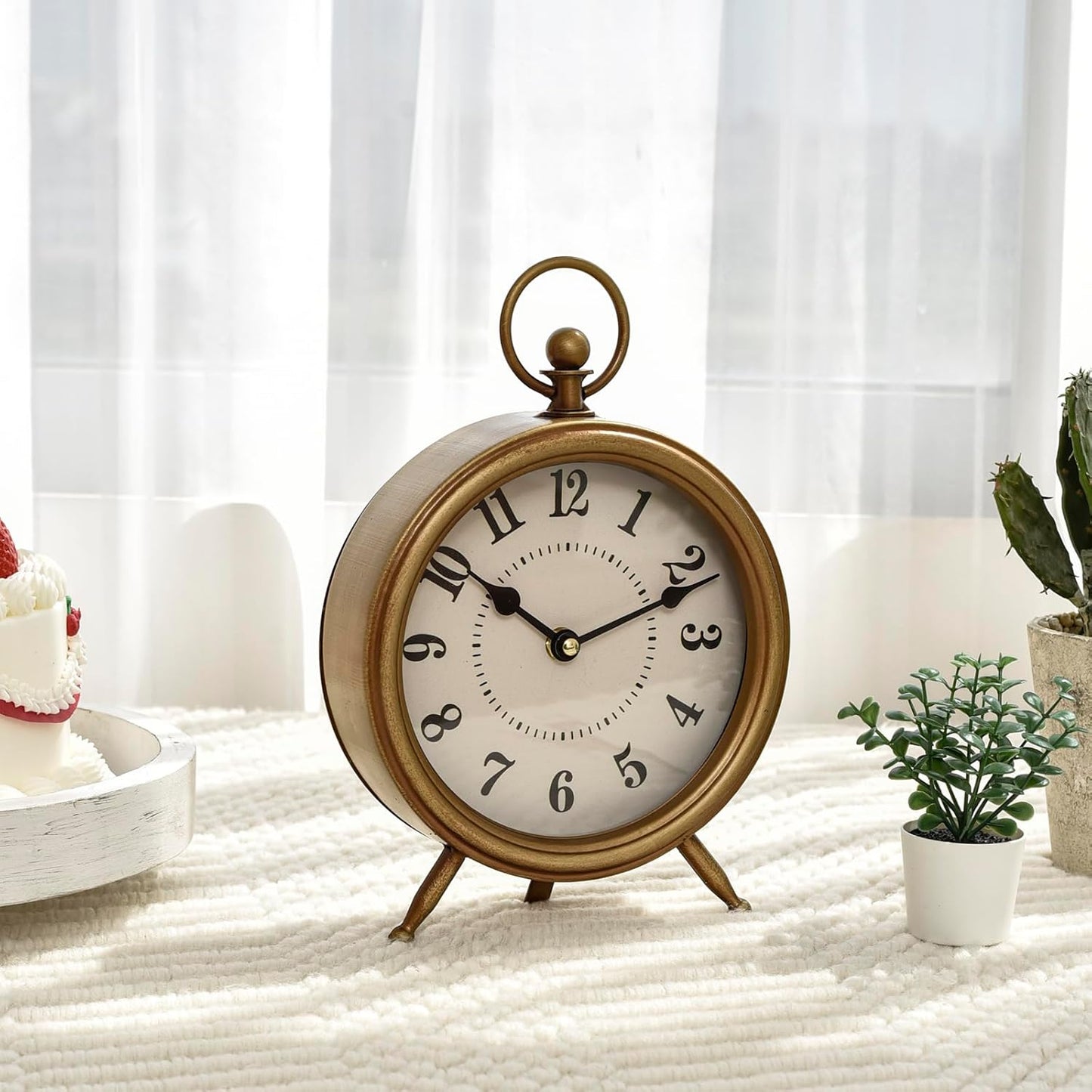 Antique Gold Finish Mantel Clock – Vintage Gold Table Clock on Stand, Decorative Desk and Shelf Clock, Rustic Mantel Clock Non-Ticking 10.3 * 7.3 inch