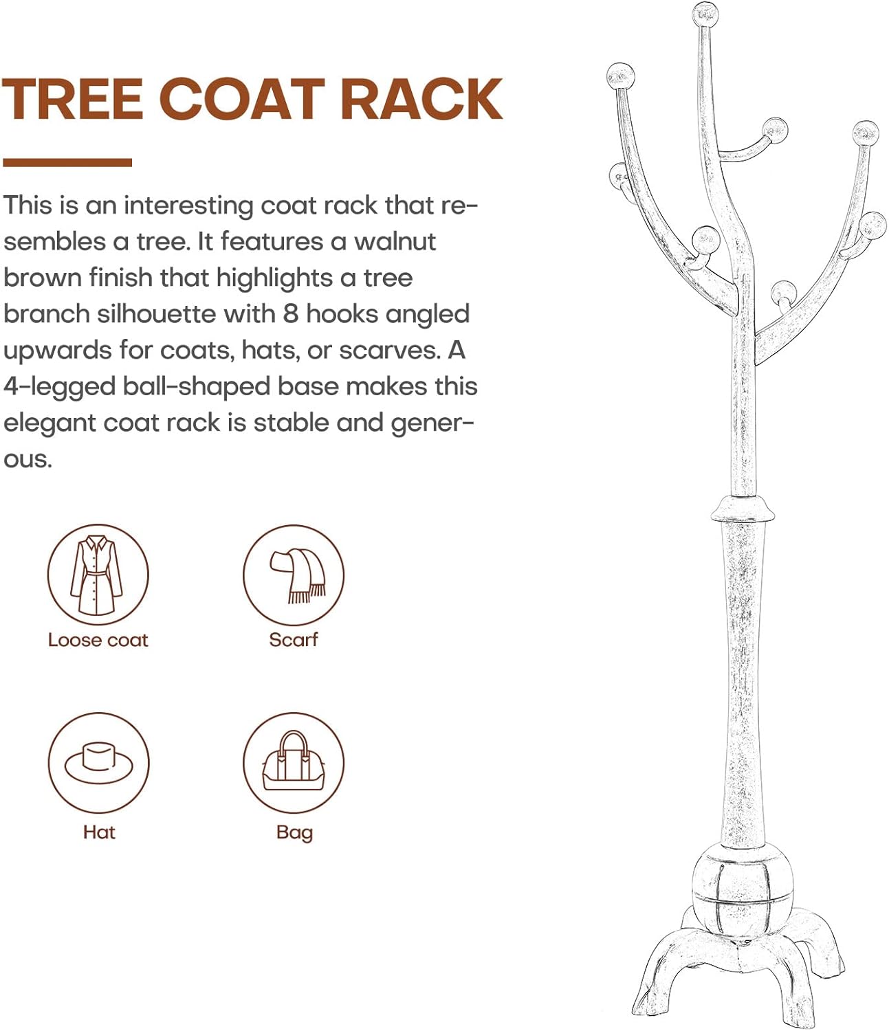 Coat Rack Freestanding Wood Coat Tree Rack with 8 Hooks, Creative Design Tree Branch-look, Standing Coat Rack Clothes Hanger Stand with Stury Base for Entryway, Hallway, Bedroom - Load 160lb (Walnut)