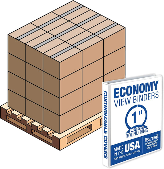 Samsill 1 Inch 3 Ring Binders, Made in USA, Economy Round Ring with Clear View Cover, 200 Sheet Capacity, White, Pallet of 864 Binders in 36 Cartons