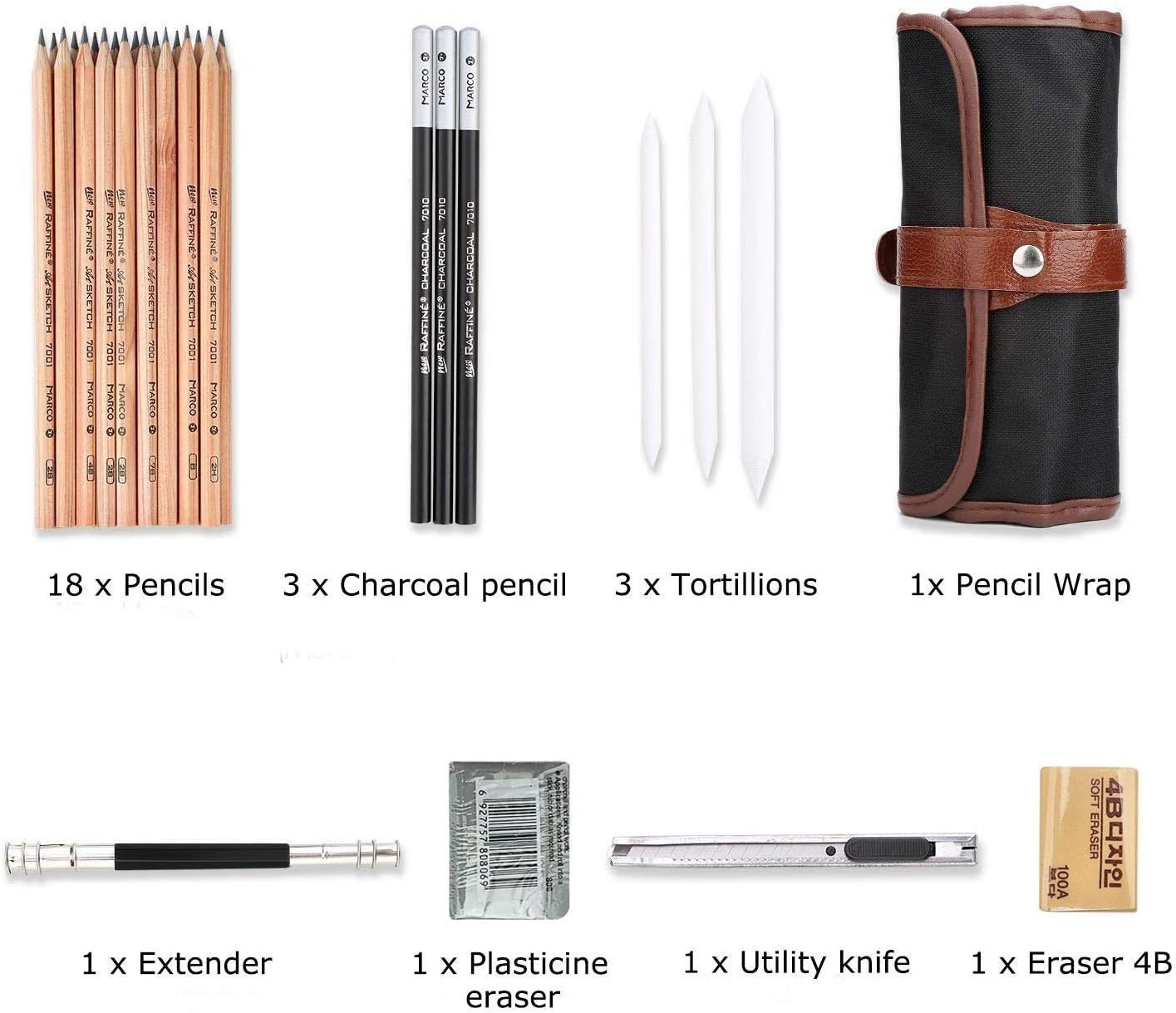 29 Pieces Sketch Drawing Pencil Set Included Graphite Pencils, Charcoal Pencils, Paper Erasable Pen, Craft Knife for Art Beginners