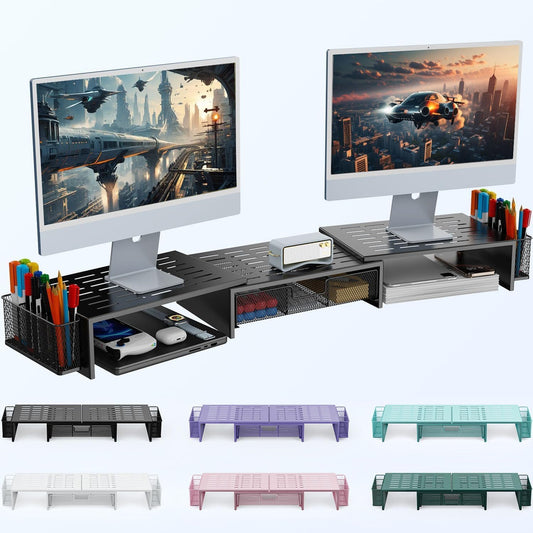 gianotter Computer Dual Monitor Stand Riser For Desk, Desk Organizers And Accessories With Drawer And 2 Pen Holder For Office, Home, School Supplies (Black)