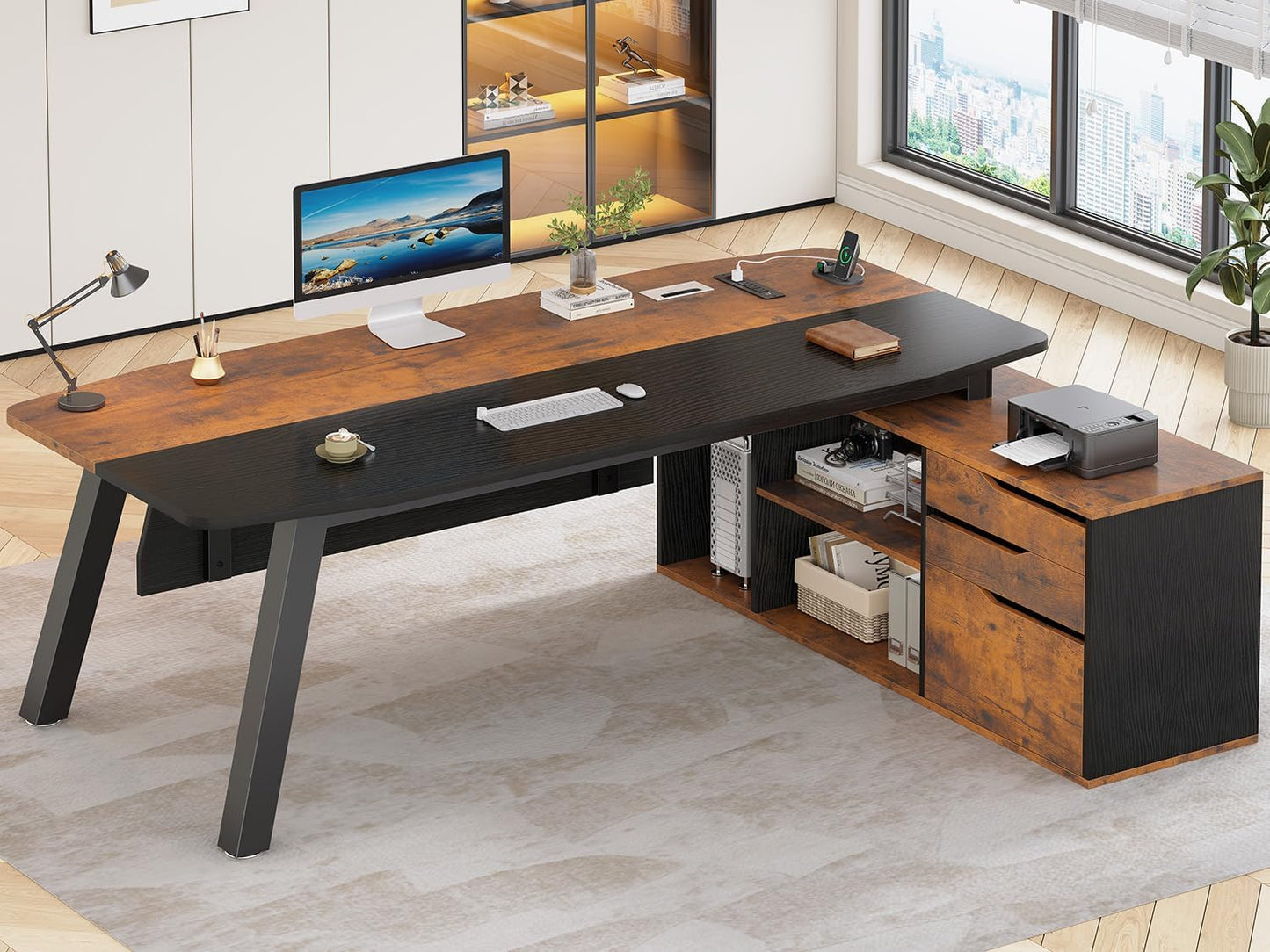 SEDETA 71" Executive Desk with File Cabinet, Large Office Desk with Drawers and Shelves, L Shaped Computer Desk with Power Outlets, Business Furniture Desk Workstation for Home Office, Brown