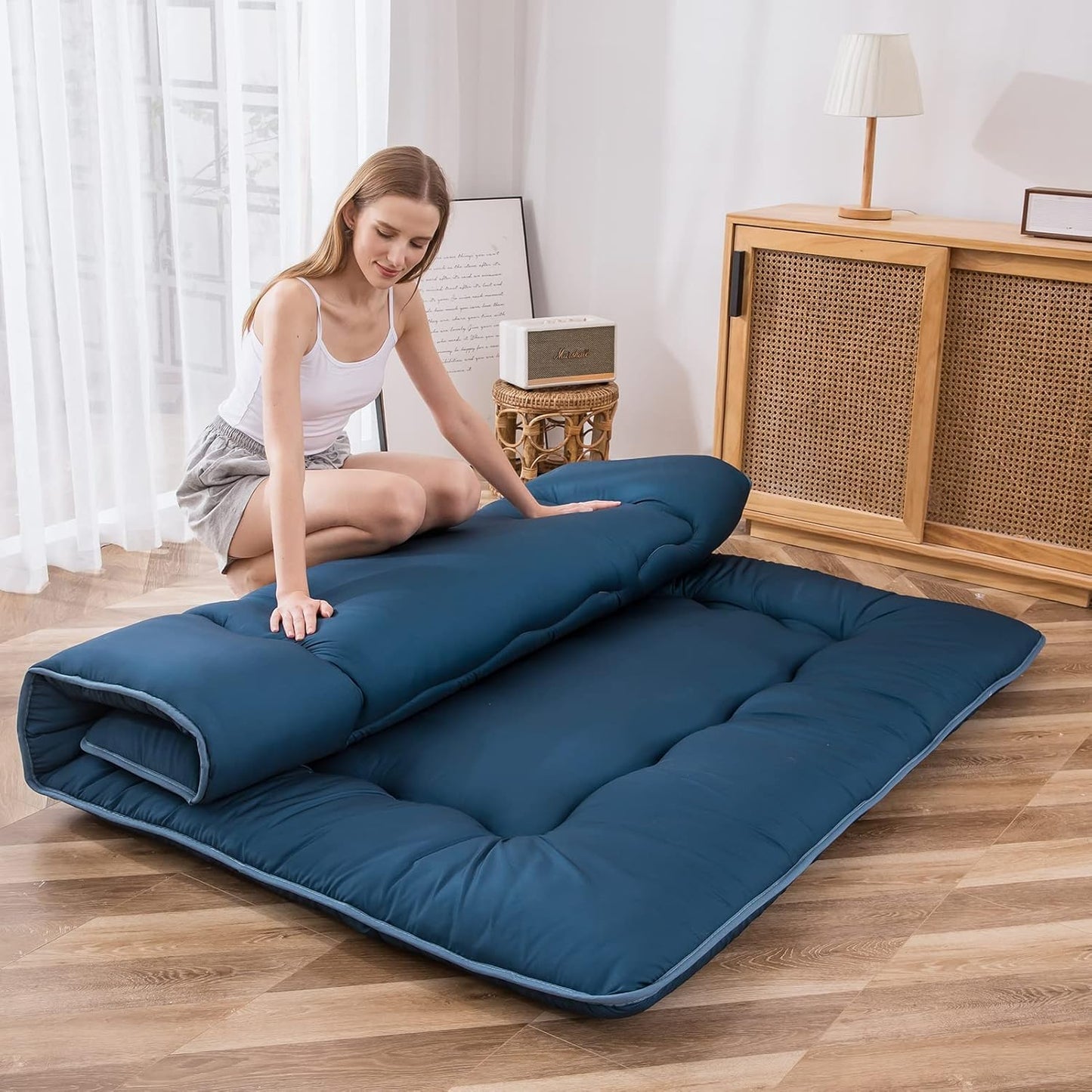 MAXYOYO Japanese Floor Mattress Futon Mattress, Thicken Sleeping Pad Foldable Roll Up Floor Futon for Adults Tatami Mat Dormitory Bed Lounger, Bluestone, Queen Size