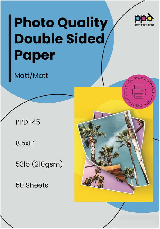 PPD 50 Sheets Inkjet Matte Double Sided Heavyweight Photo Quality Paper LTR 8.5 x 11 53lbs. 210gsm 9mil (PPD-45-50)