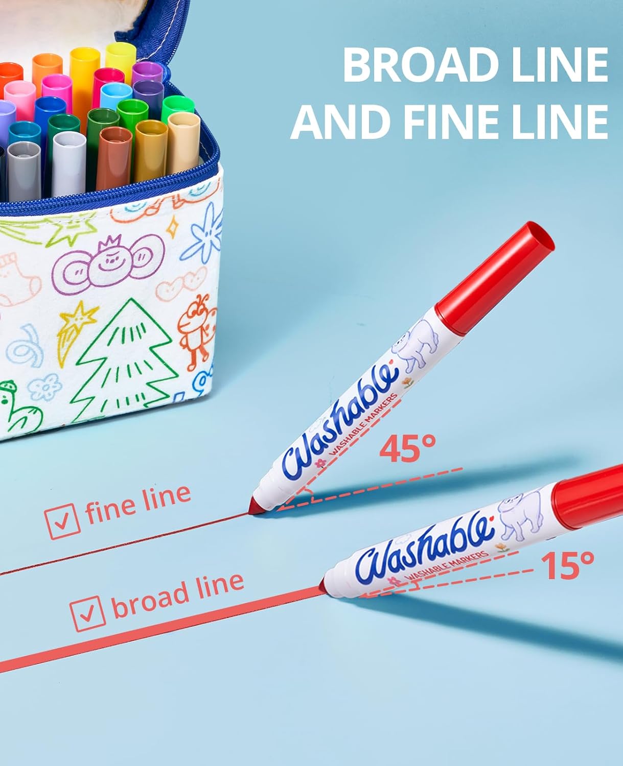 JoyCat 30 Count Washable Markers for Kids, 30 Colors Washable Markers Set with Carrying and DIY Coloring Fabric Storage Bag, Coloring Marker Bulk for Boys Girls Toddler, School Classroom Supplies