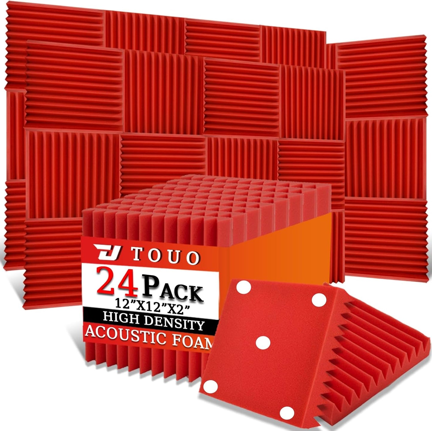 24 Pack Acoustic Panels – Sound Proof Foam Panels for Wall 12"x12"x2", Flame Retardant Wedge Acoustic Foam, High-Density Sound Absorbing Panels for Home Studio(Red, 2" Thick 24 Pack)