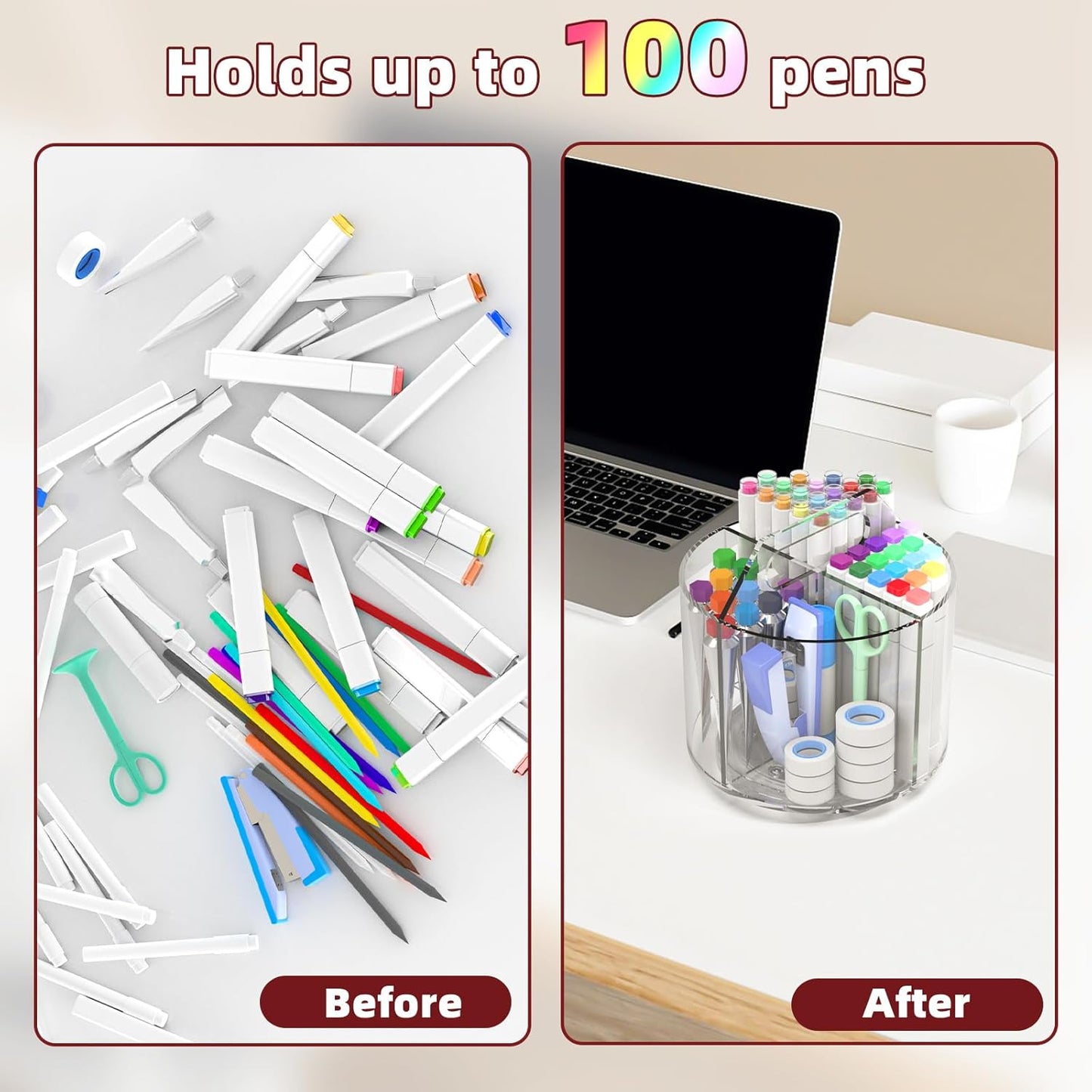 2 Pack Pen Pencil Holder for Kids, Rotating Pen Holder for Desk Organizer, 4 Compartments Art Supply Marker Organizer and Storage, Kids Desk Organizer Marker Holder Caddy Art Supply Organizer for Desk