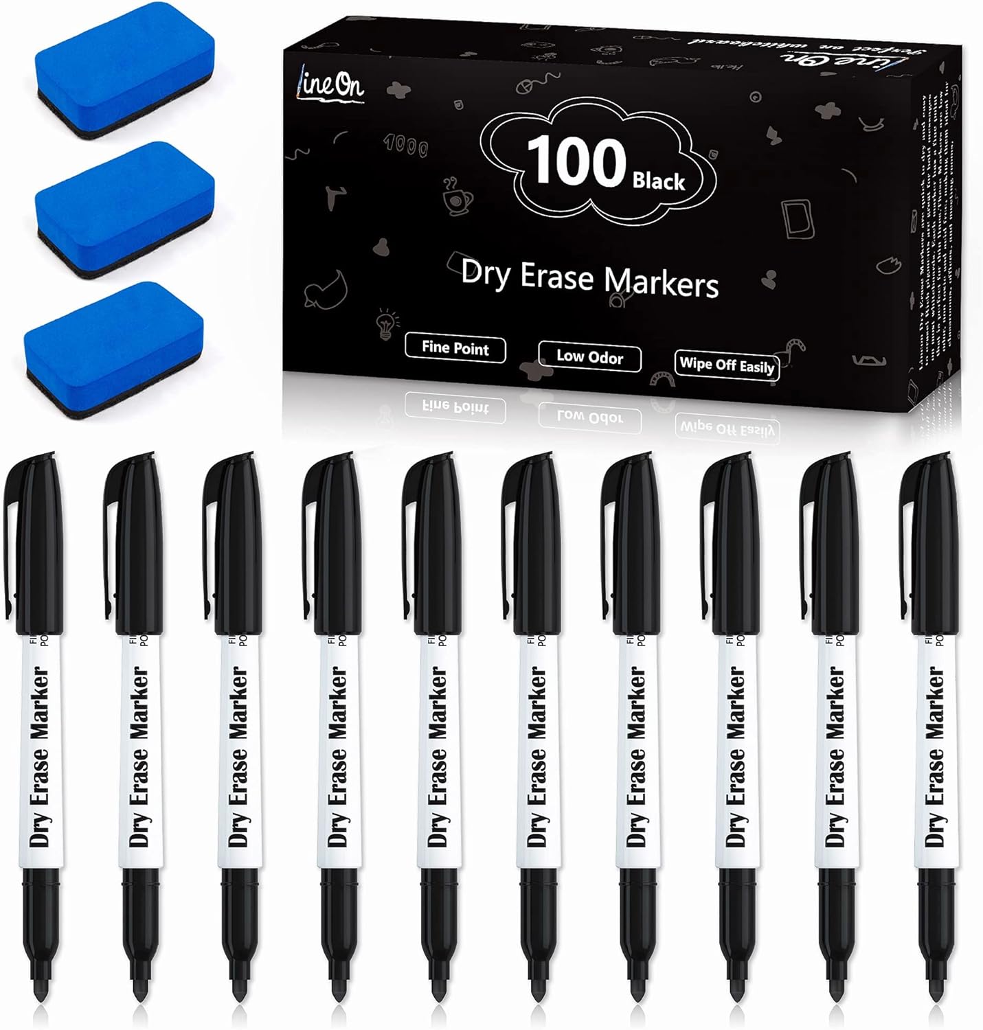 100 Bulk Pack Black Whiteboard Markers with 3 Erasers, Fine Point Dry Erase Markers Perfect For Writing on Dry-Erase Boards, Glass for School Office Home