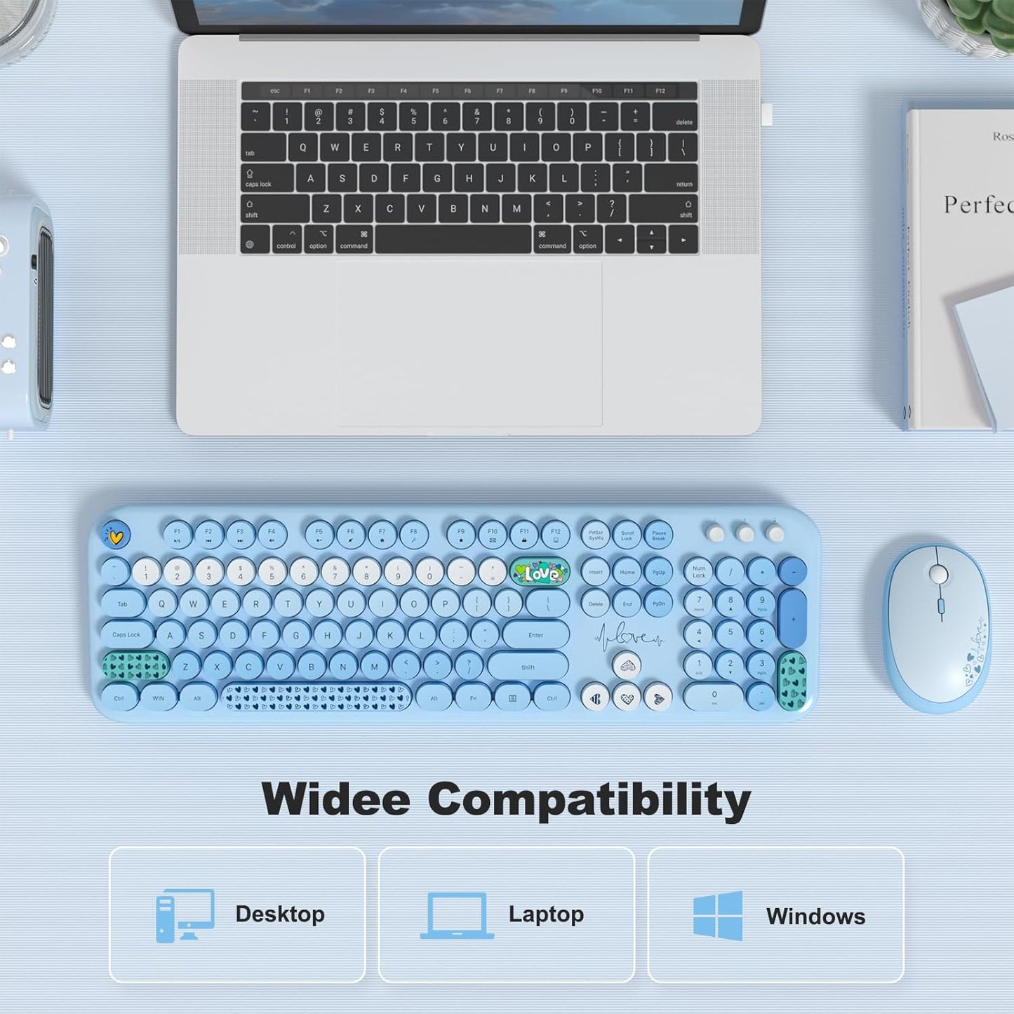 Wireless Keyboard and Mouse Combo, MOWUX Full Size Typewriter Retro Round Computer Keyboard, Cute Optical Mouse Wireless, Plug and Play, for Laptop, PC, Computer - Blue Heart