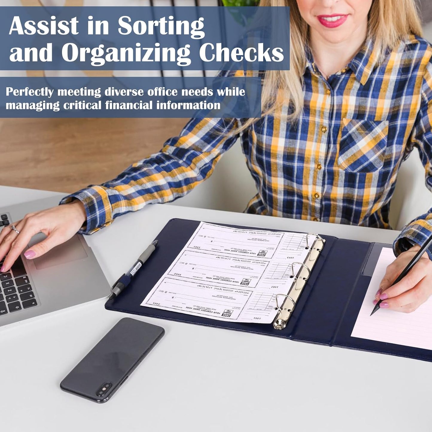 9" x11 1/4" PU Leather 3 Rings Personal Checks Binder for End-Stub Deskbook 3-Ring Binders for Desk Check fit 3 & 9 Holes Checkbook Binder Cover for Business Finances (Not Fit 7 Holes,Navy Blue)