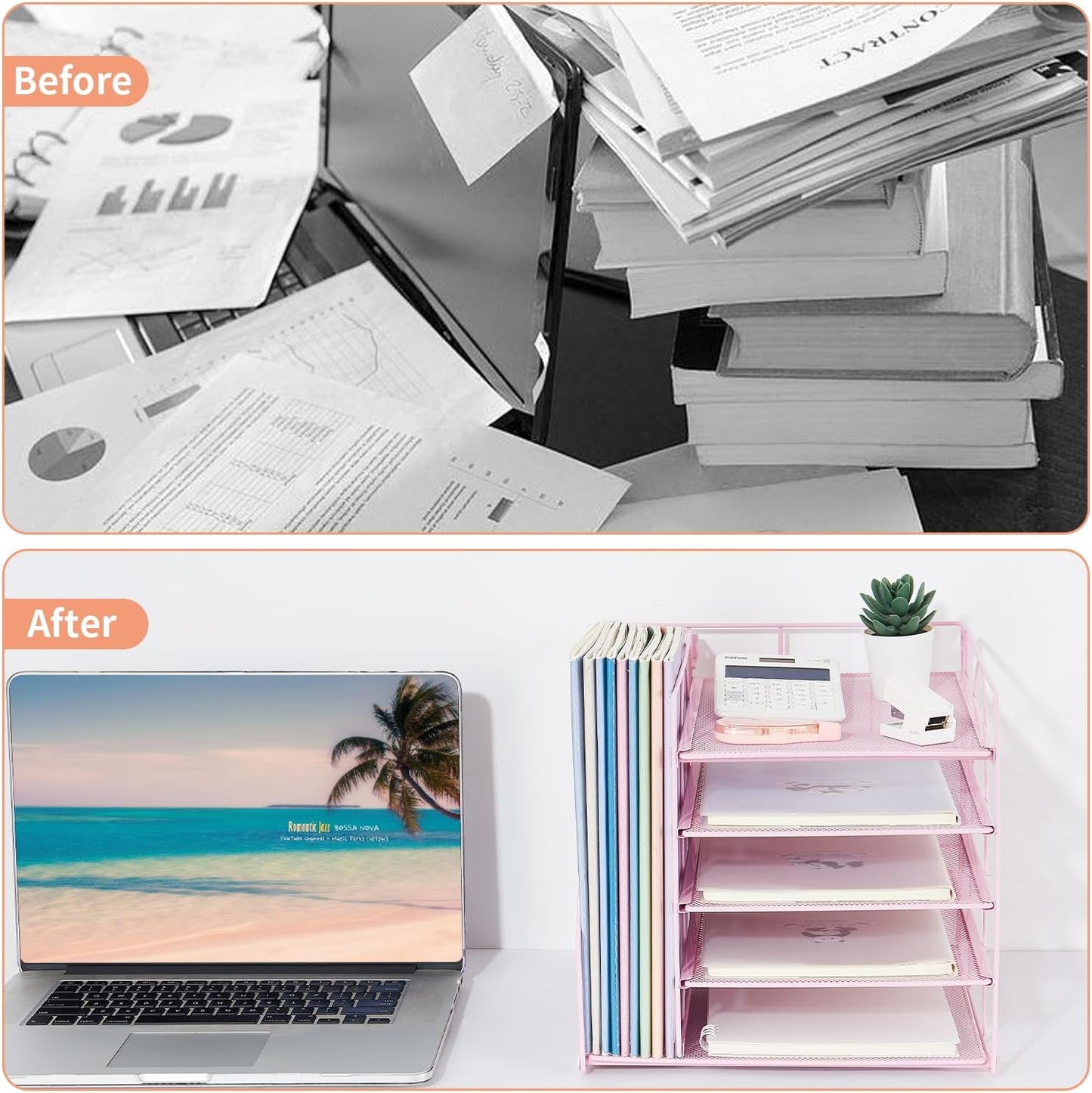 Desk Organizers and Accessories, 5-Tier Paper Letter Tray Organizer with File Holder, Pink Office Decor (Pink)