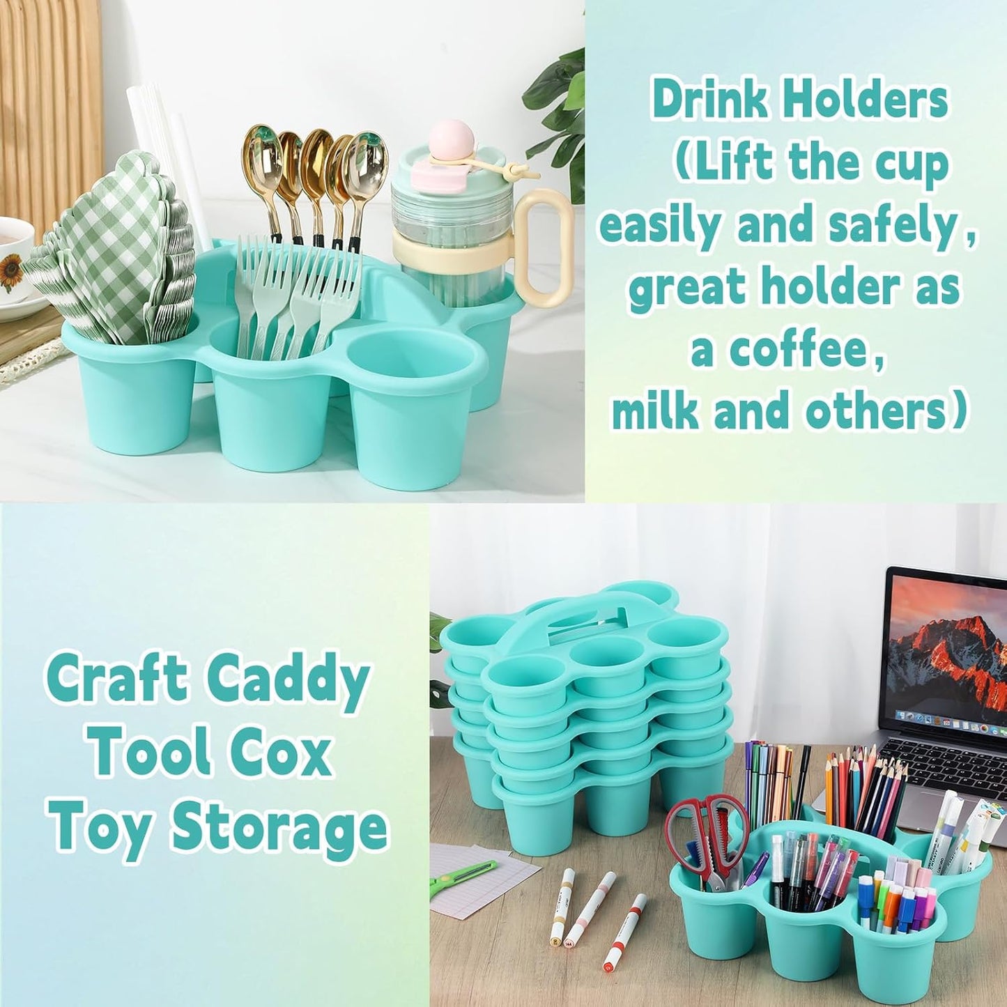 6 Pack Classroom Caddy with Handle Plastic Storage Caddy Organizer with 6 Compartments Drink Cup Caddies Holder Portable Storage Bin for Pencil, Crayon, Marker, Home, Office, School Supplies(Blue)