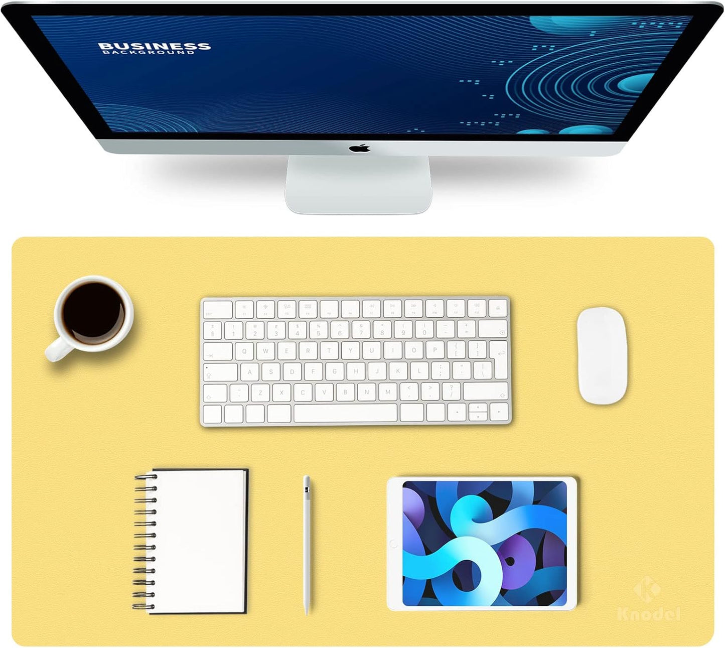K KNODEL Small Office Leather Desk Mat, Mouse and Keyboard Pad, Computer and Laptop Mat, Desktop Protector and Cover, Writing Pad and Blotter (23.6"x13.8", Yellow)