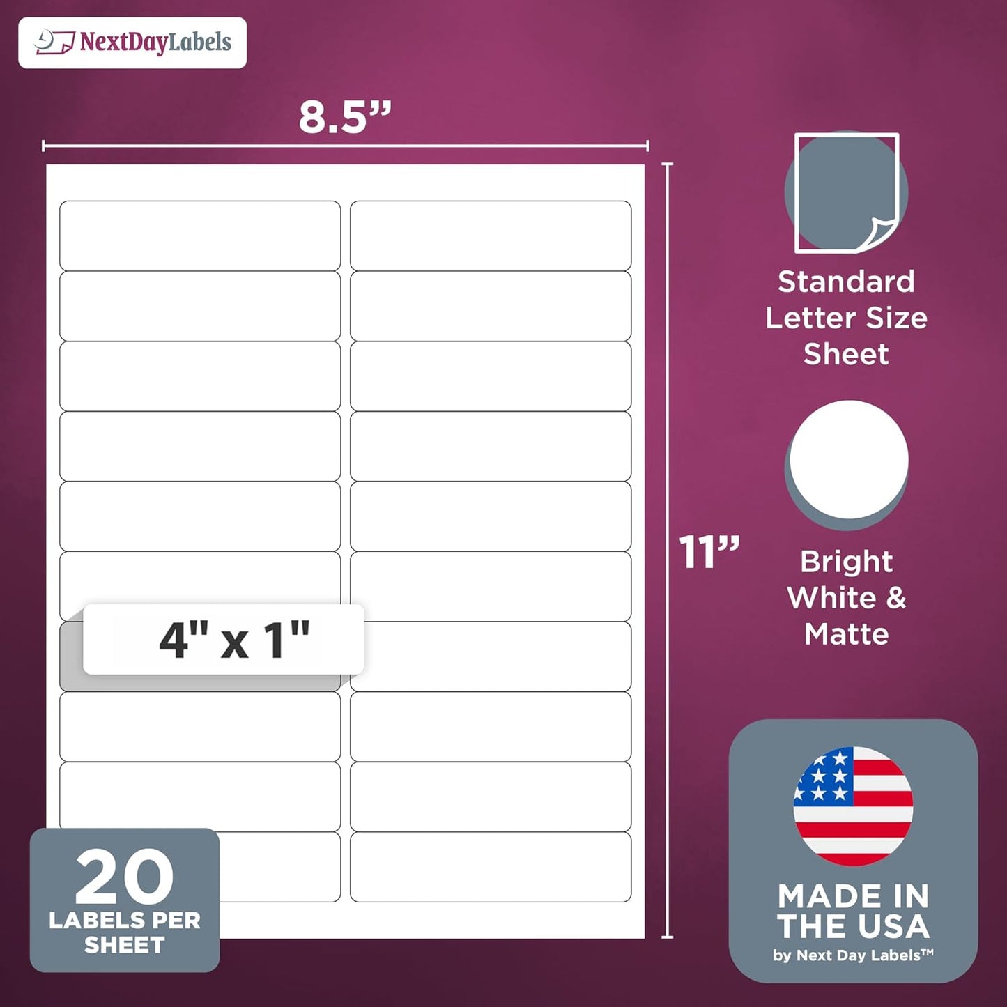 NextDayLabels – 4” x 1" Rectangular Sticker Labels for Printer - White Laser/Inkjet Printer Labels Return Address Labels Shipping Label Stickers (25 Sheets, 20 Per Sheet, 500 Labels)