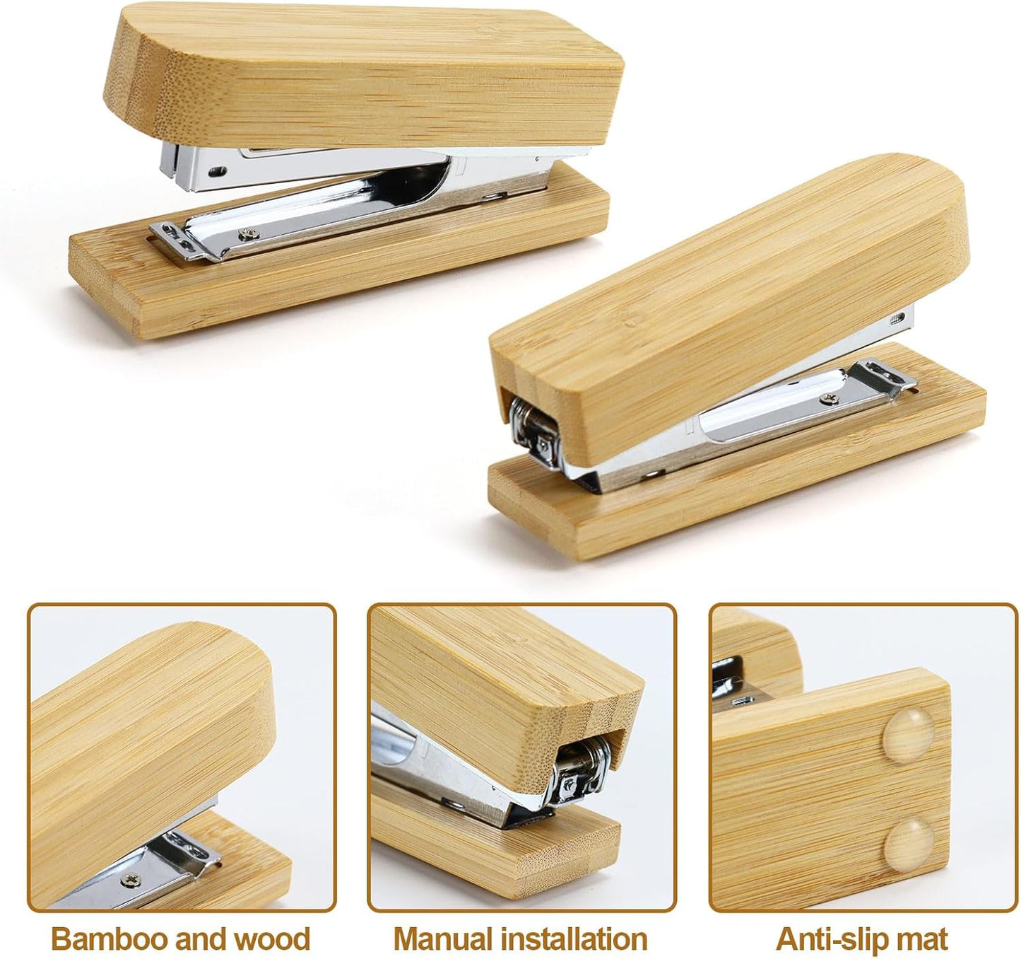 Buqoo Bamboo Office Supplies Desk Organizers, Wood Sticky Notes Holder Tape Dispenser Cutter Wooden Stapler for Office Home School