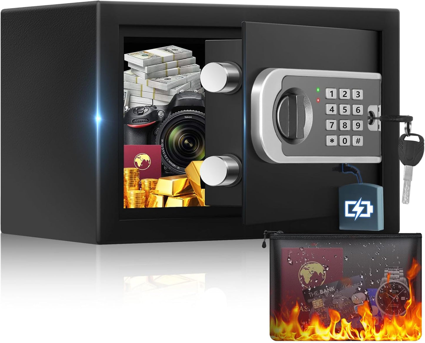 [UPGRADED] Small Safe Box for Home, 0.30 Cuft Mini Safes with Fireproof Waterproof Bag, Digital Money Safe with Programmable Keypad Spare Keys, Security Cash Box for Money Valuables