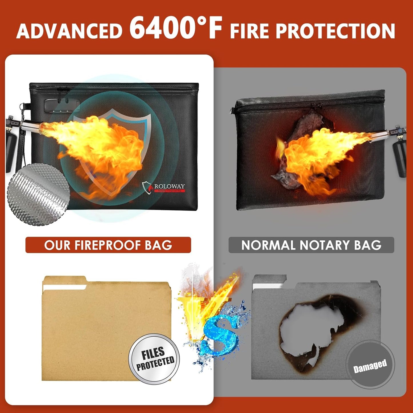ROLOWAY Fireproof Document Bag (14.5 x 11.5 inch), 6400℉ Fireproof Money Bag with Zipper for Cash, Fire Safe Money Pouch with Lock (Black)