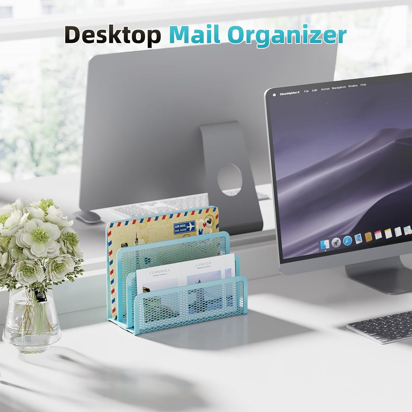 Marbrasse Mail Organizer for Desk, 3-Slot Mesh Metal Mail Holder countertop, Letter Holder, Office Desktop Envelope and Document Storage Rack (Blue)