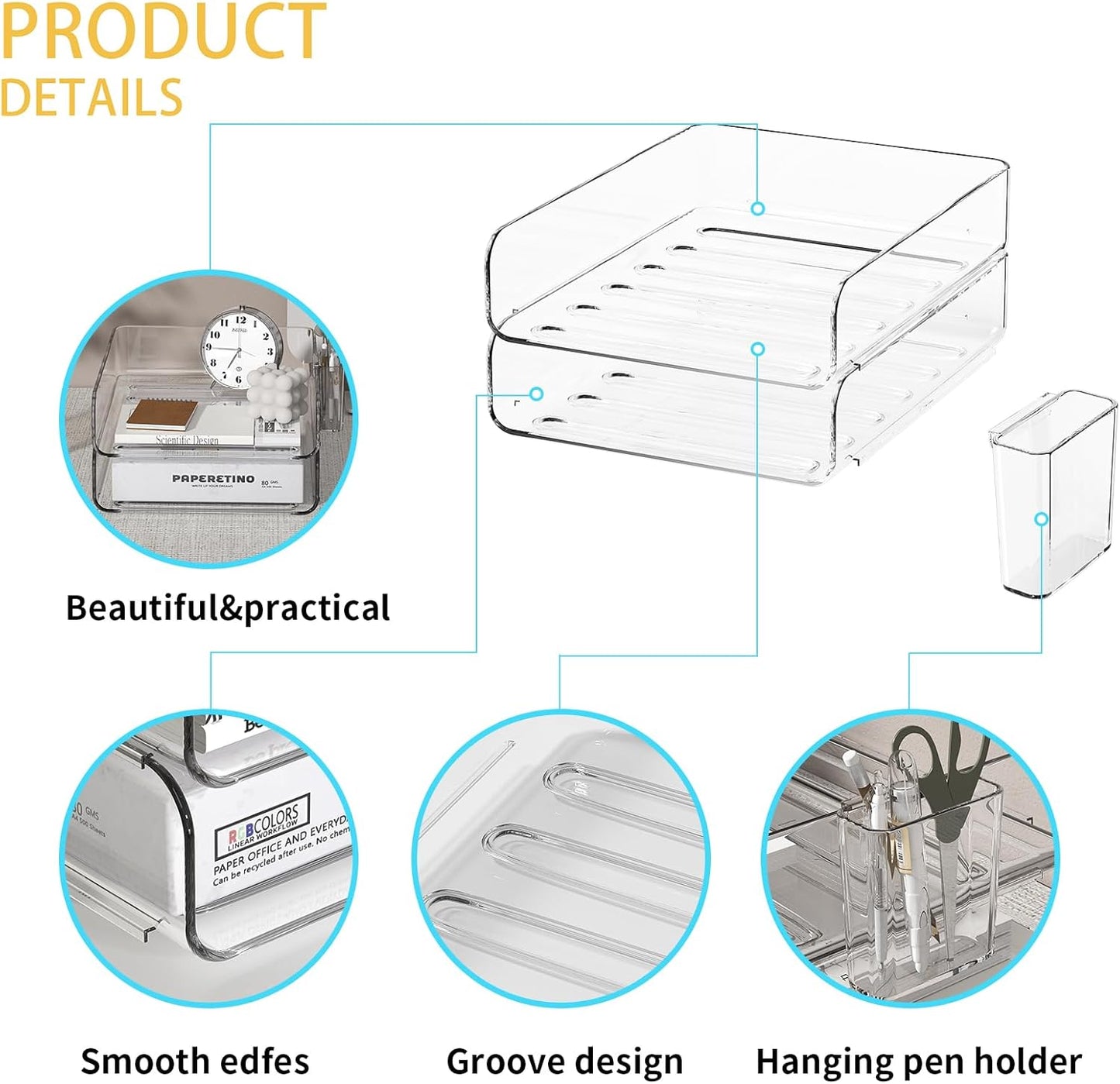 2-Tier Acrylic Paper Tray Organizer with Pen Holder | Clear Stackable Desk Organizer for Documents, Letters, A4 Paper | Modern Office/Classroom/Home Organization