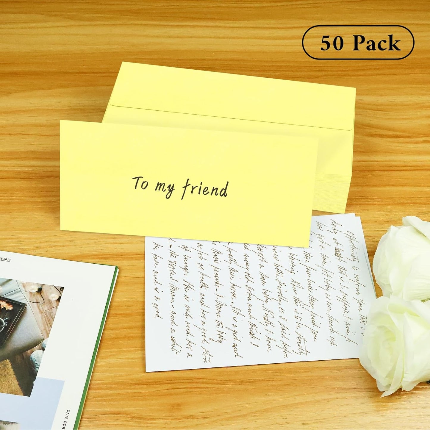 50 Pack #10 Business Envelopes, Light Yellow Standard Envelopes Self Seal, Letter Size Mailing Envelopes for Checks Letters Invoices Christmas Birthday Graduation Wedding, 4 1/8 x 9 1/2 Inch