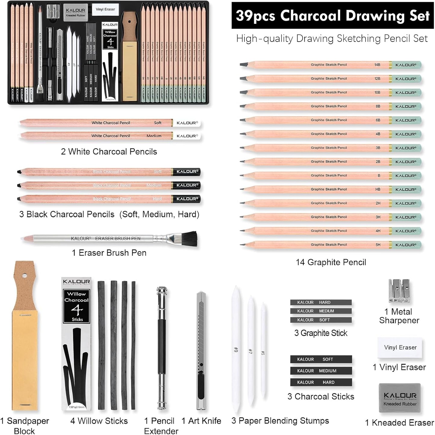 KALOUR PDAS 39pcs Drawing Pencil Set, Professional Sketch Pencils (5H-14B), Black and White Charcoal Pencils for Sketching, Eraser Brush Pen, Charcoal Sticks, Art Pencils Set for Artists & Beginners