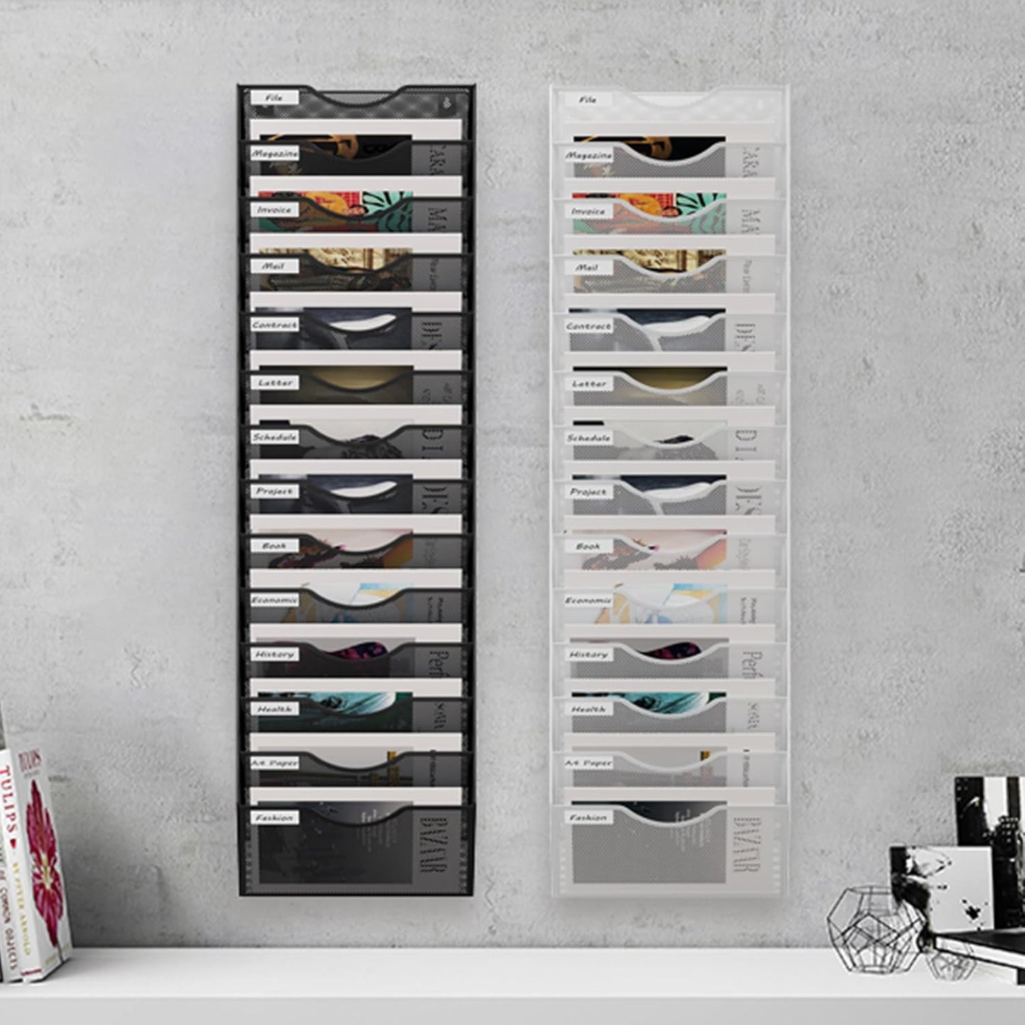 14 Tier Hanging Wall File Holder, Metal A4 Wall Mounted Document Holder, Vertical Hanging Mail Organizer, Magazine Storage Rack with Tray for Office Home Classroom, Black