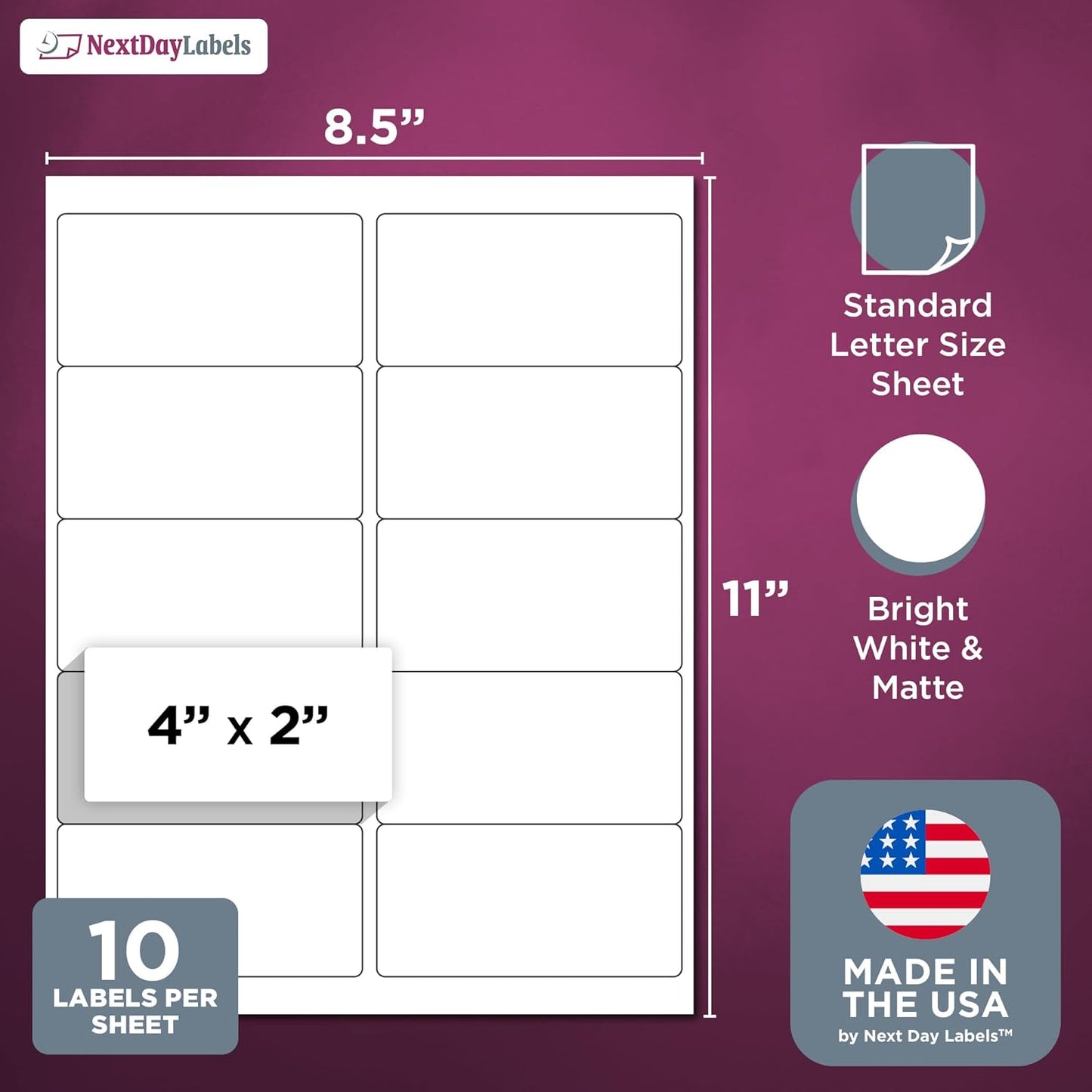 NextDayLabels – 4” x 2” Rectangular Sticker Labels for Printer - White Laser/Inkjet Printer Labels Return Address Labels Shipping Label Stickers (25 Sheets, 10 Per Sheet, 250 Labels)