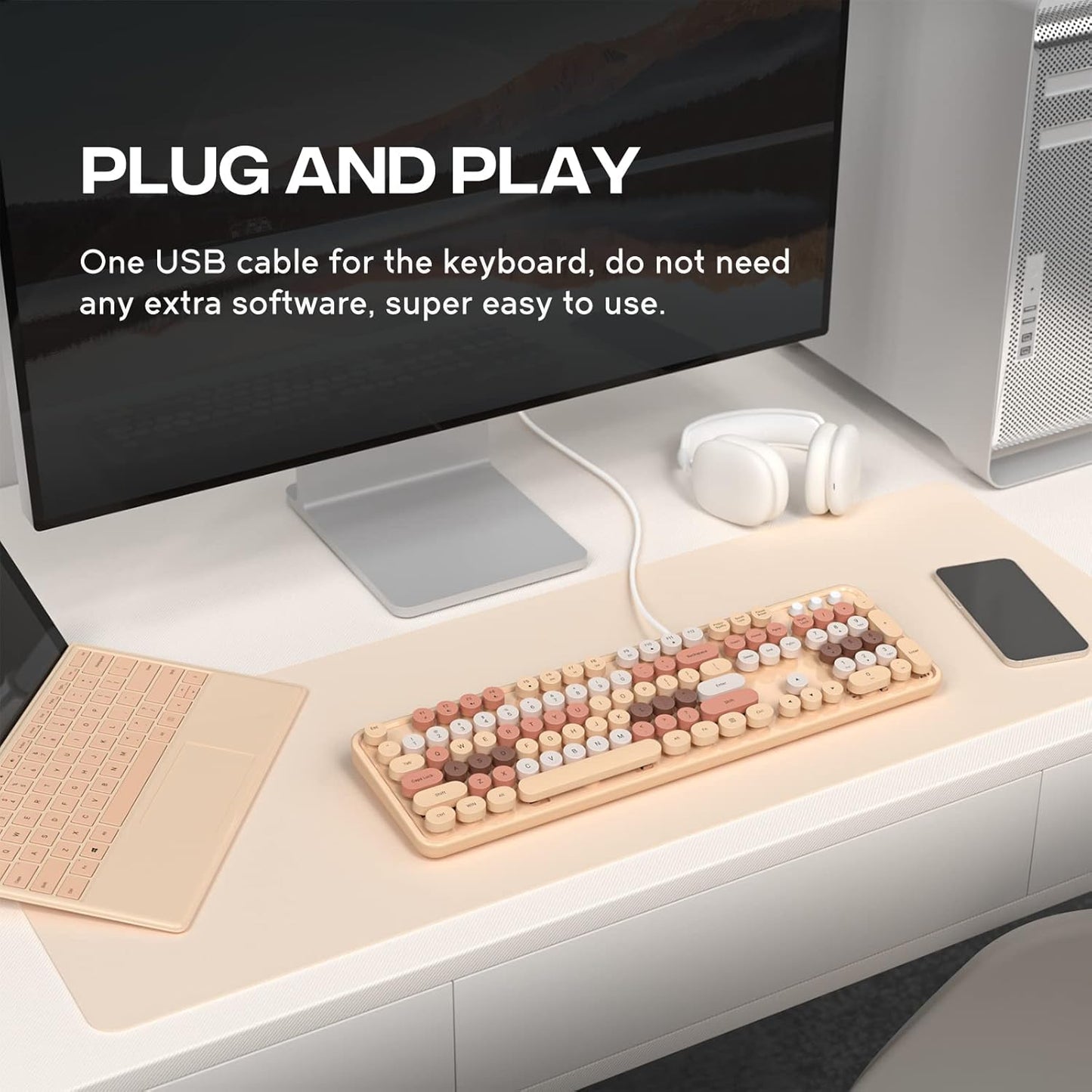 Wired Keyboard, 104 Keys Full-Sized Typewriter Keyboards, USB Plug and Play Office Keyboard with Number Pad, Caps Indicators, Foldable Stands for Windows, PC, Laptop, Desktop (Milk-Tea)