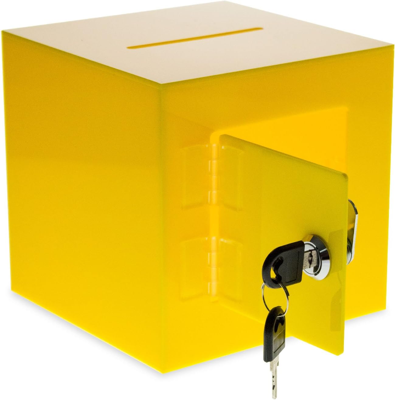 Source One Premium Acrylic Cube Donation Box with Deluxe Rear Open Door and Cam Lock Suggestion Box (8 Inch, Yellow)