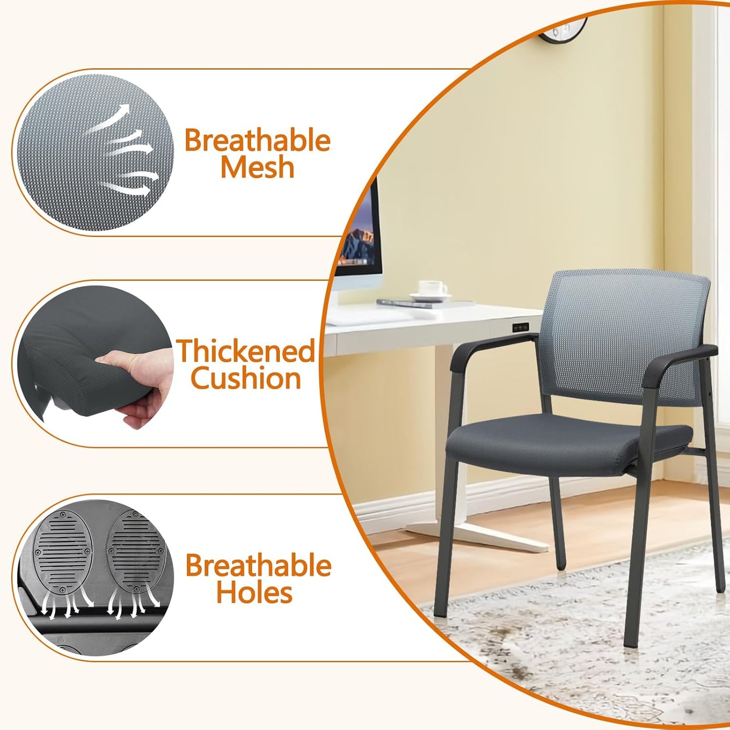 CLATINA Mesh Back Stacking Arm Chairs with Upholstered Fabric Seat and Ergonomic Lumbar Support for Office School Church Guest Reception Grey 2 Pack Set