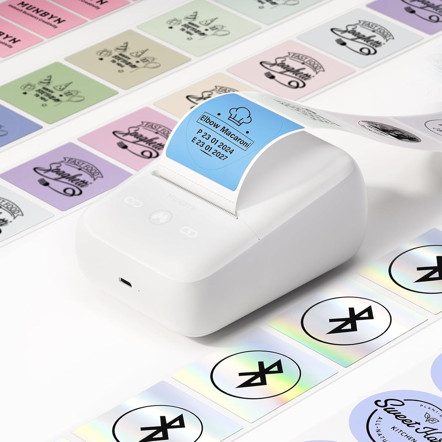MUNBYN FM226 Label Maker with Tape, Bluetooth Inkless Portable Thermal Sticker Machine,for 0.78-2inch Labels, for Small Businesses, Office Supplies, Address, Clothing, 11H Working Time,White