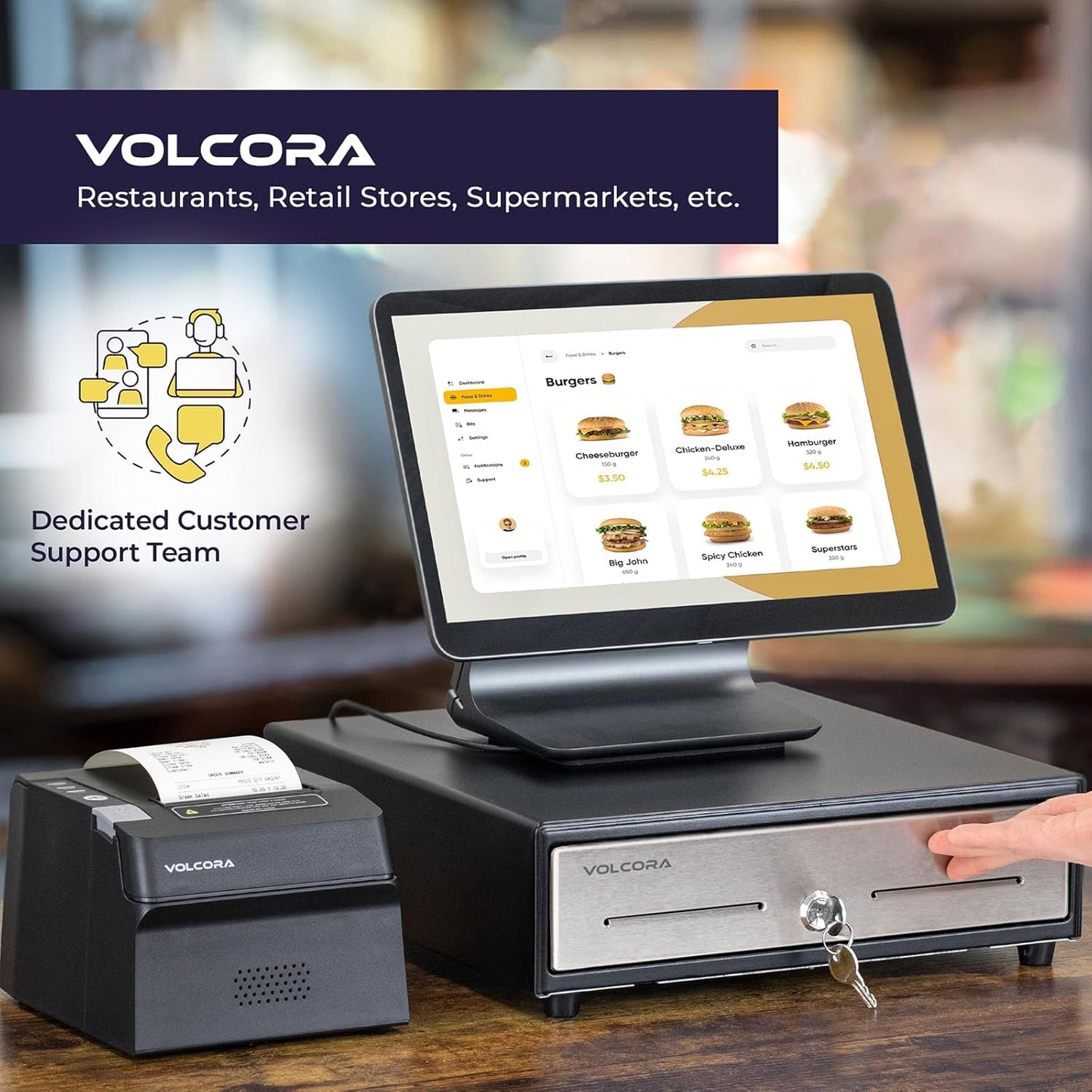 Volcora 13" Manual Push Open Cash Register Drawer for Point of Sale (POS) System - Black with Stainless Steel Front Touch Panel - with 4 Bills and 5 Coin Slots, Fully Removable Money Tray