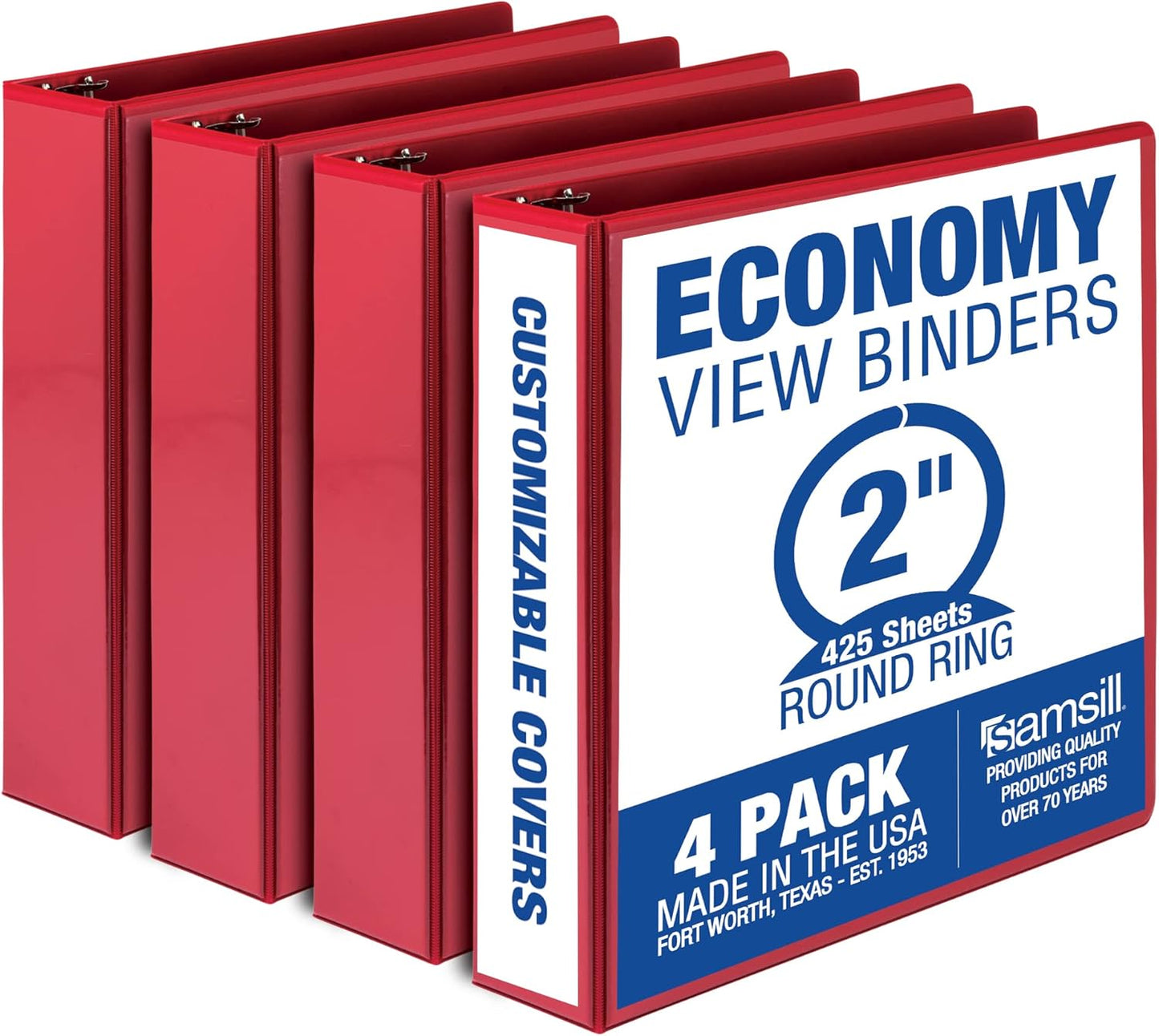Samsill 2 Inch 3 Ring Binders, Made in USA, Economy Round Ring, Clear View Cover, 425 Sheet Capacity - for School, Home, Office - Red, 4 Pack