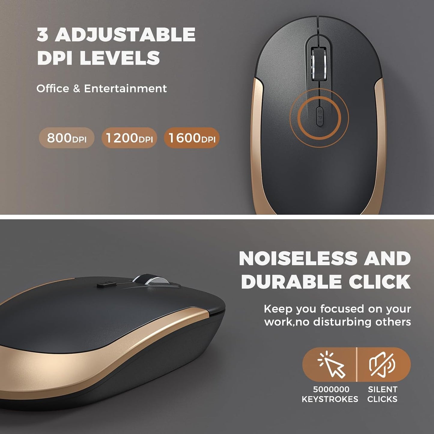 Wireless Keyboard and Mouse, Vssoplor 2.4GHz Rechargeable Compact Quiet Full-Size Keyboard and Mouse Combo with Nano USB Receiver for Windows, Laptop, PC, Notebook-Black Gold