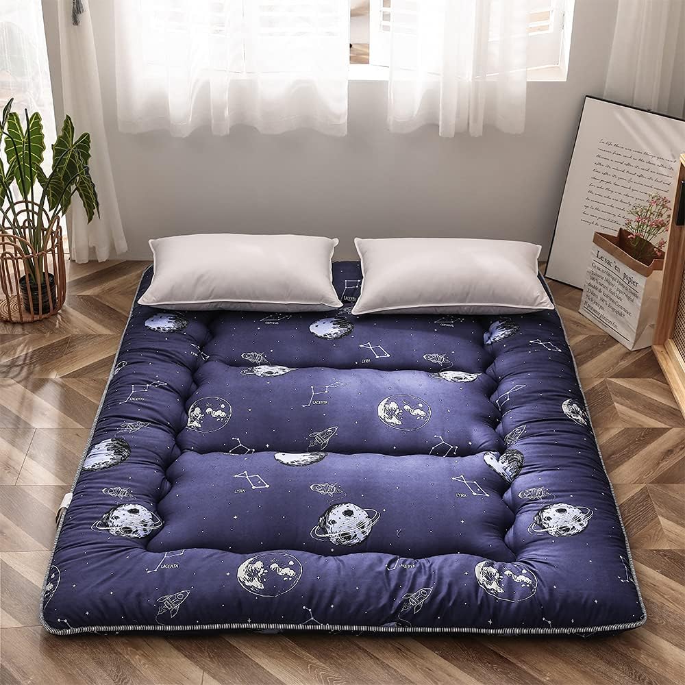 Navy Space Adventure Japanese Floor Futon Mattress, Thicken Tatami Mat Sleeping Pad Foldable Bed Roll Up Mattress Floor Lounger Bed Couches and Sofas for Kids Queen Size