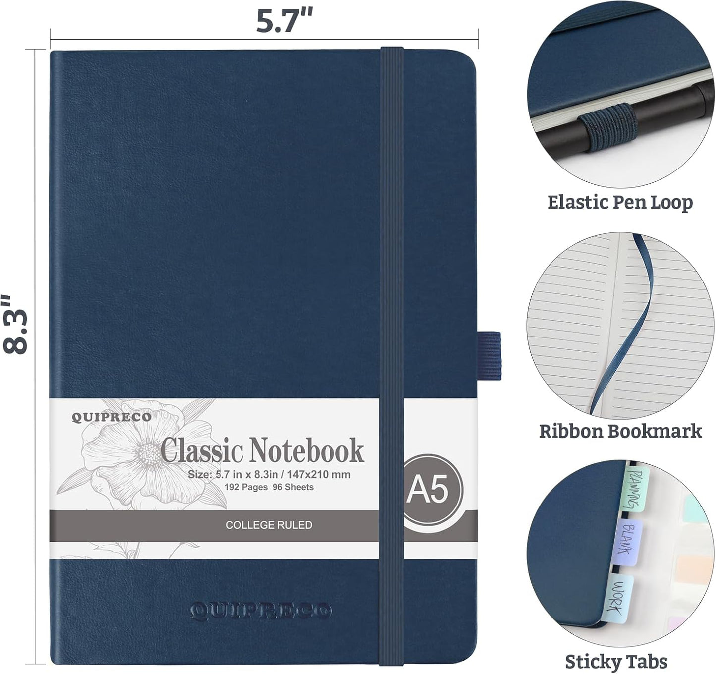 Hardcover Lined Bullet Dotted Journal Notebook, A5 140 192 Pages 100 120Gsm Paper College ruled for School,Work,Travel,and Daily Planning，5.7''*8.3'' (2, Navy, A5 Lined)