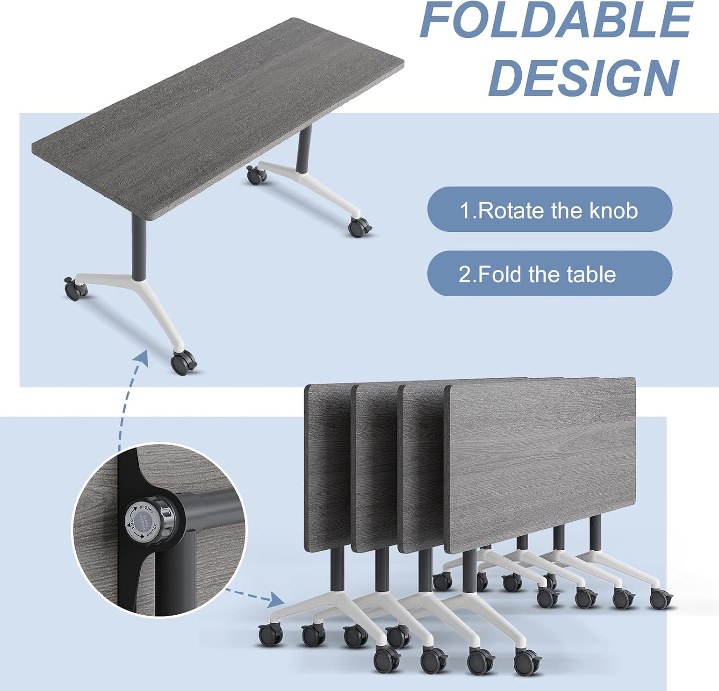 Folding Conference Table, Mobile Training Table for Office Conference, Modern Modular Rectangular Work Desk Meeting Seminar Work Tables with Caster Wheels, Large Breakroom Tables (2Pack L63in)