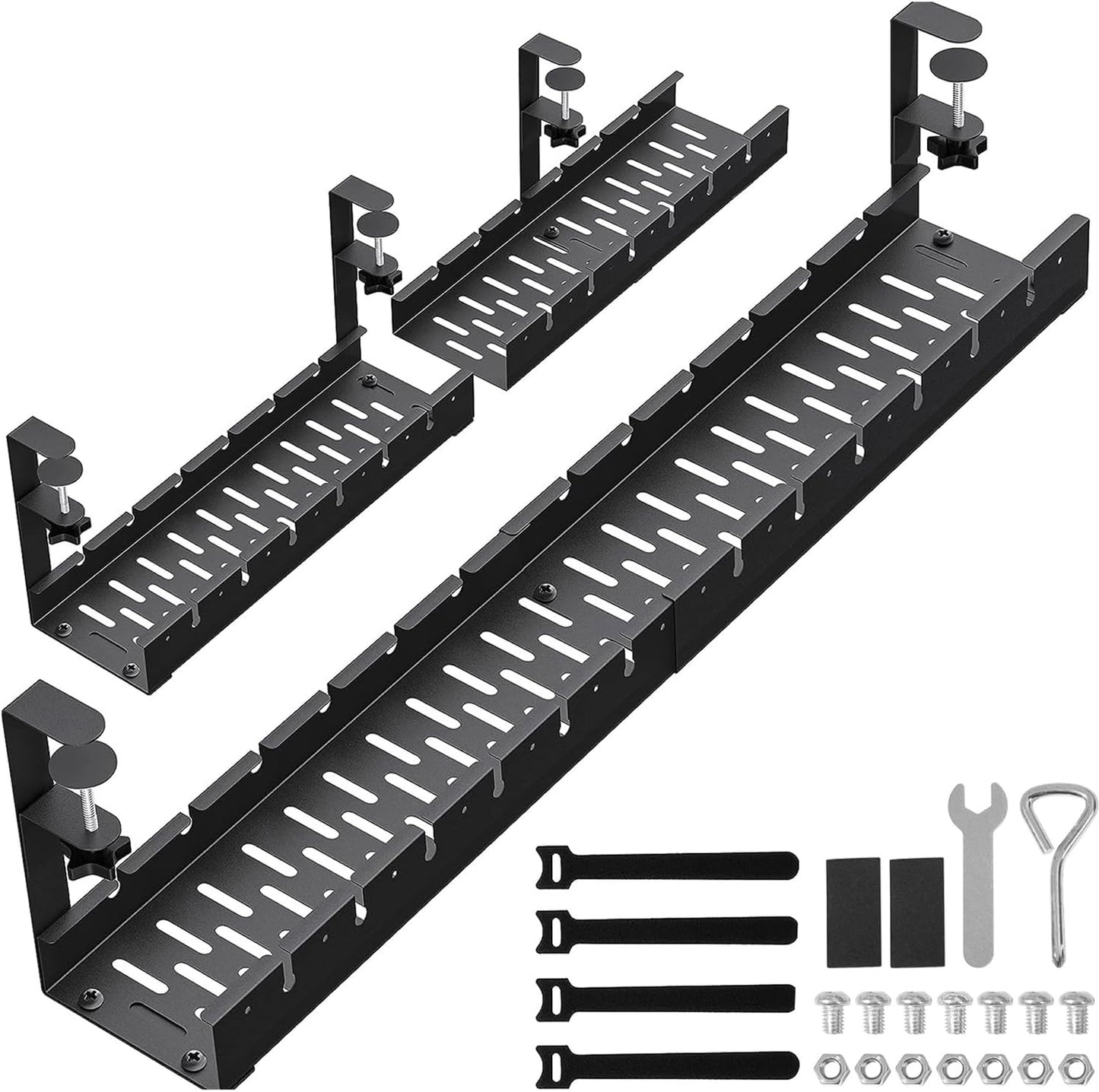 WIGAKDRU 31Inch Extendable Under Desk Cable Management Tray, Black Metal Cable Management Tray Under Desk Cord Management with Clamp, 31 Inch x 4.33 Inch