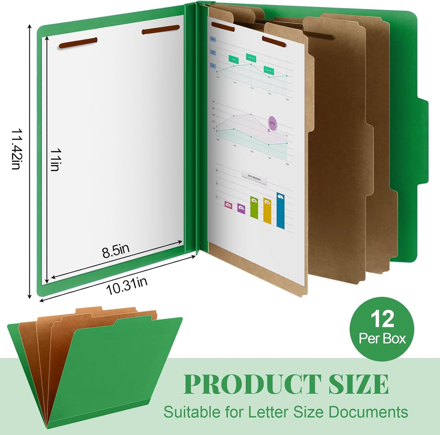12 Pcs Classification Folders Letter Size, 3 Divider Pressboard File Folder with Fasteners, Expanding File Organizer Bulk for Teachers, Clergy, Office, Church, Christmas Donations (Green)