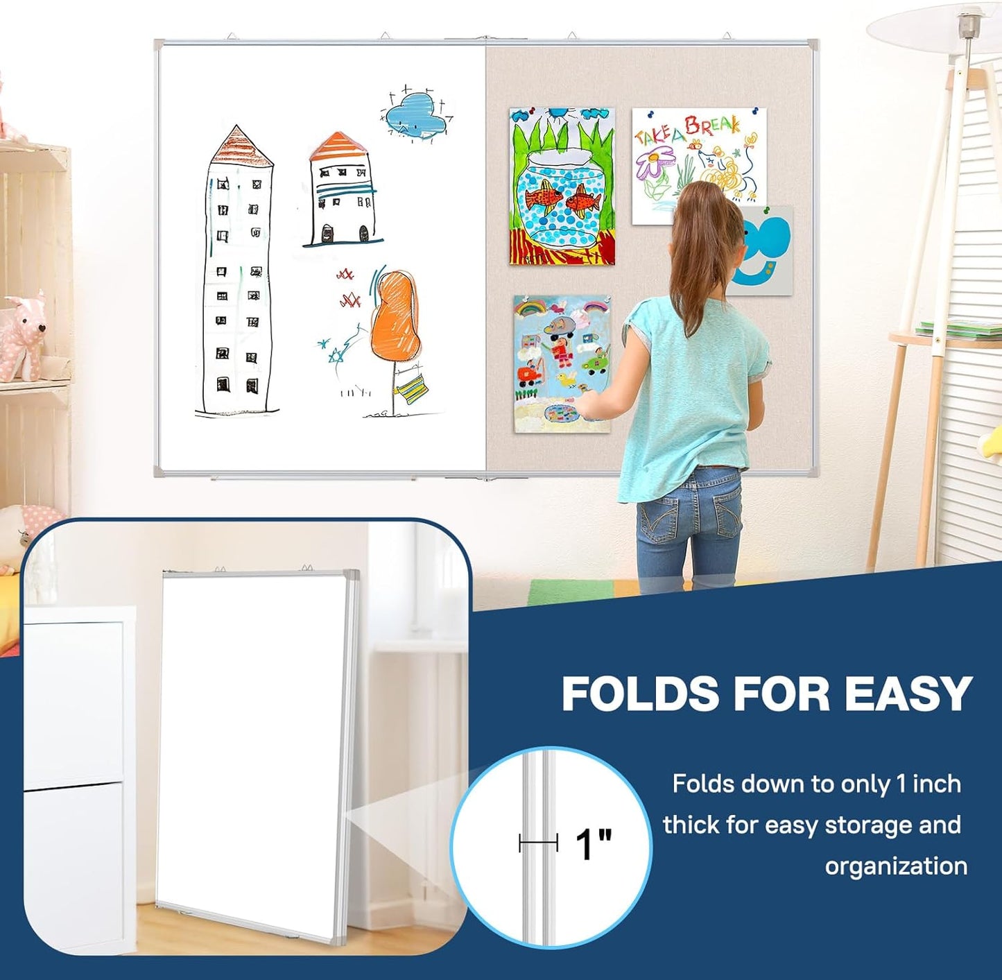Large White Board Dry Erase Foldable Bulletin Board Combo, 48" x 36" Double Sided Dry Erase Board for Wall, Magnetic Whiteboard Bulletin Board with Linen for Office, Home, School, Kitchen -White