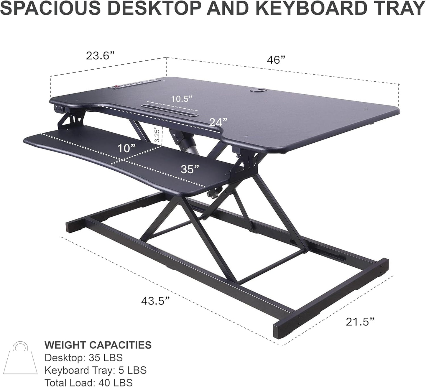 Rocelco 46" Electric Standing Desk Converter with AC Outlet USB Charger and Anti-Fatigue Floor Mat - Motorized Adjustable Sit Stand Riser - Tabletop Workstation Keyboard Tray - Black (R EDRB-46-MAFM)