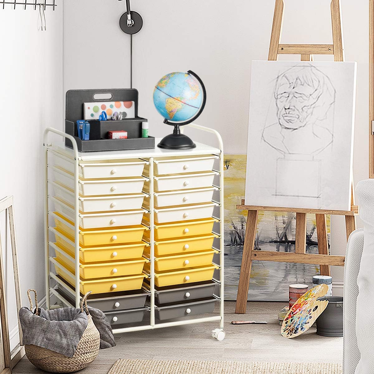 Giantex 20 Drawer Rolling Storage Cart Tools Scrapbook Paper Office School Organizer (25 x 15 x 35 Inch, Yellow)