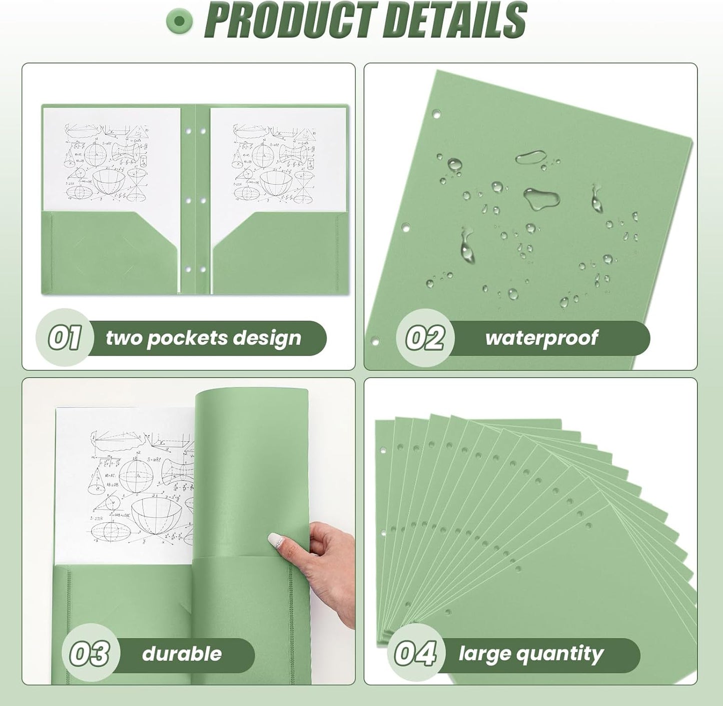 Yeaqee 50 Pcs Plastic Folders with Pockets Bulk 3 Hole Punched 2 Pocket File Folders for 3 Ring Binder Divider Folder for Notebooks, Durable Poly for Office Home (Sage Green)